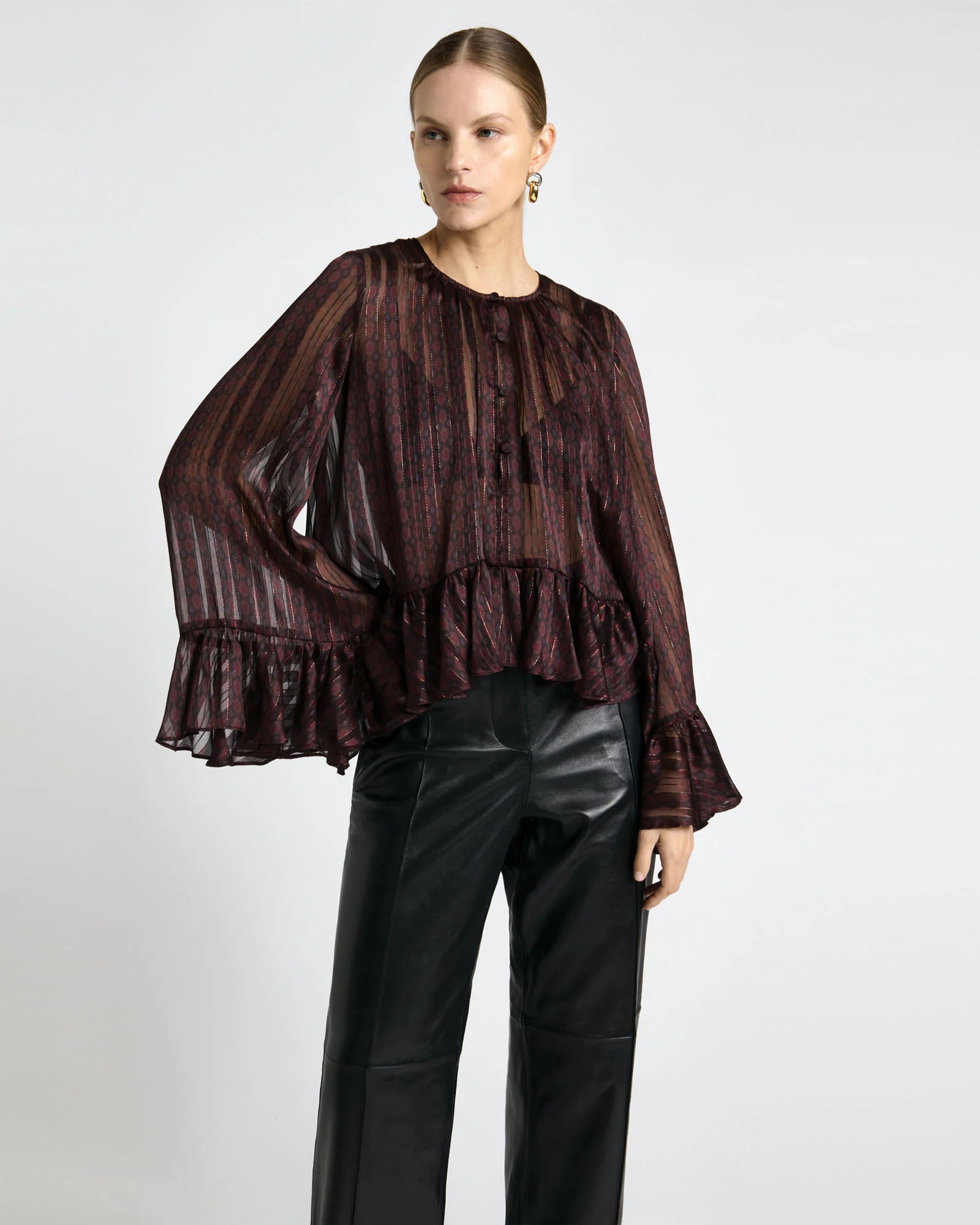 Merlot Lurex Geo Frill Top
