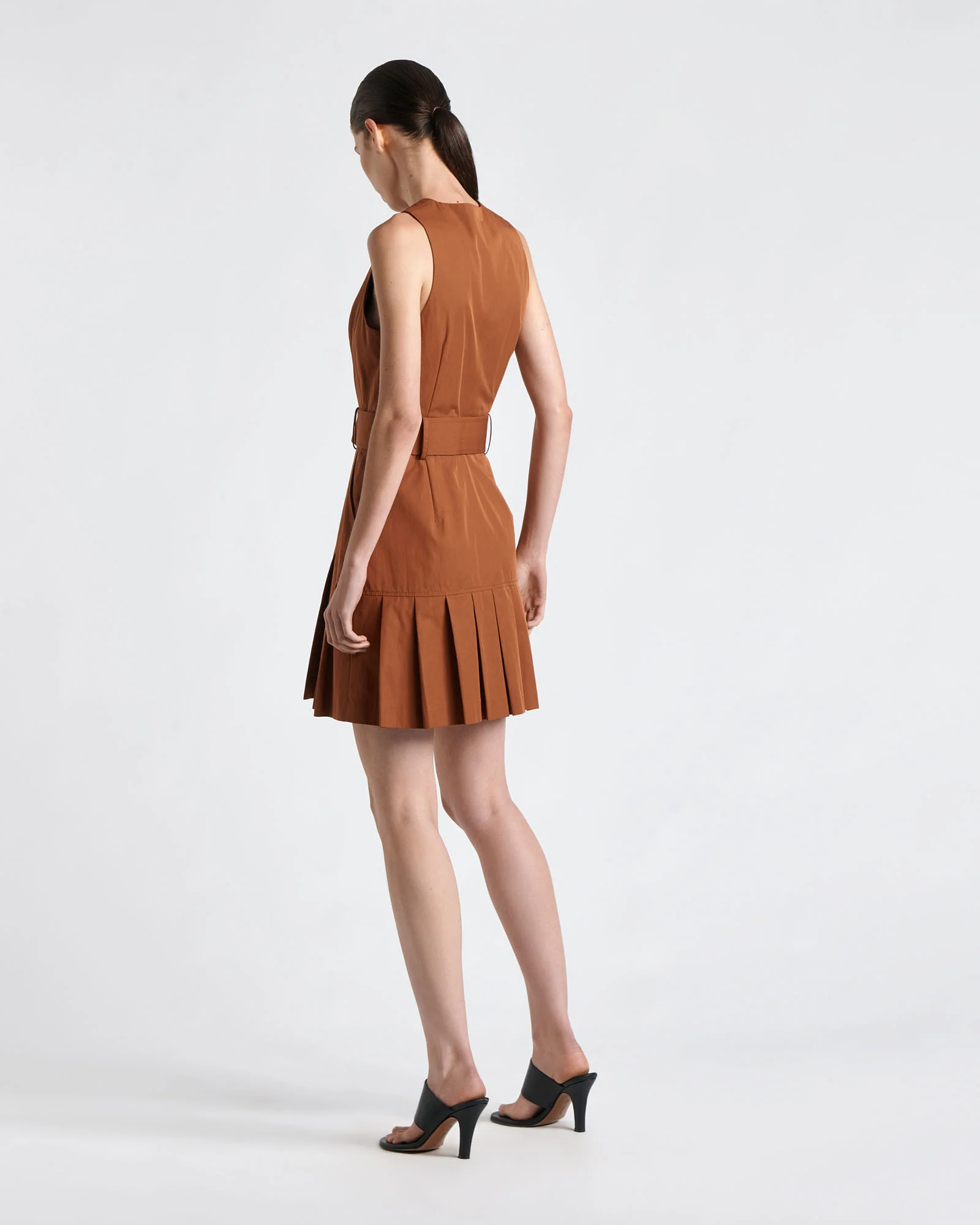 Caramel Cotton Twill Pleated Mini Dress