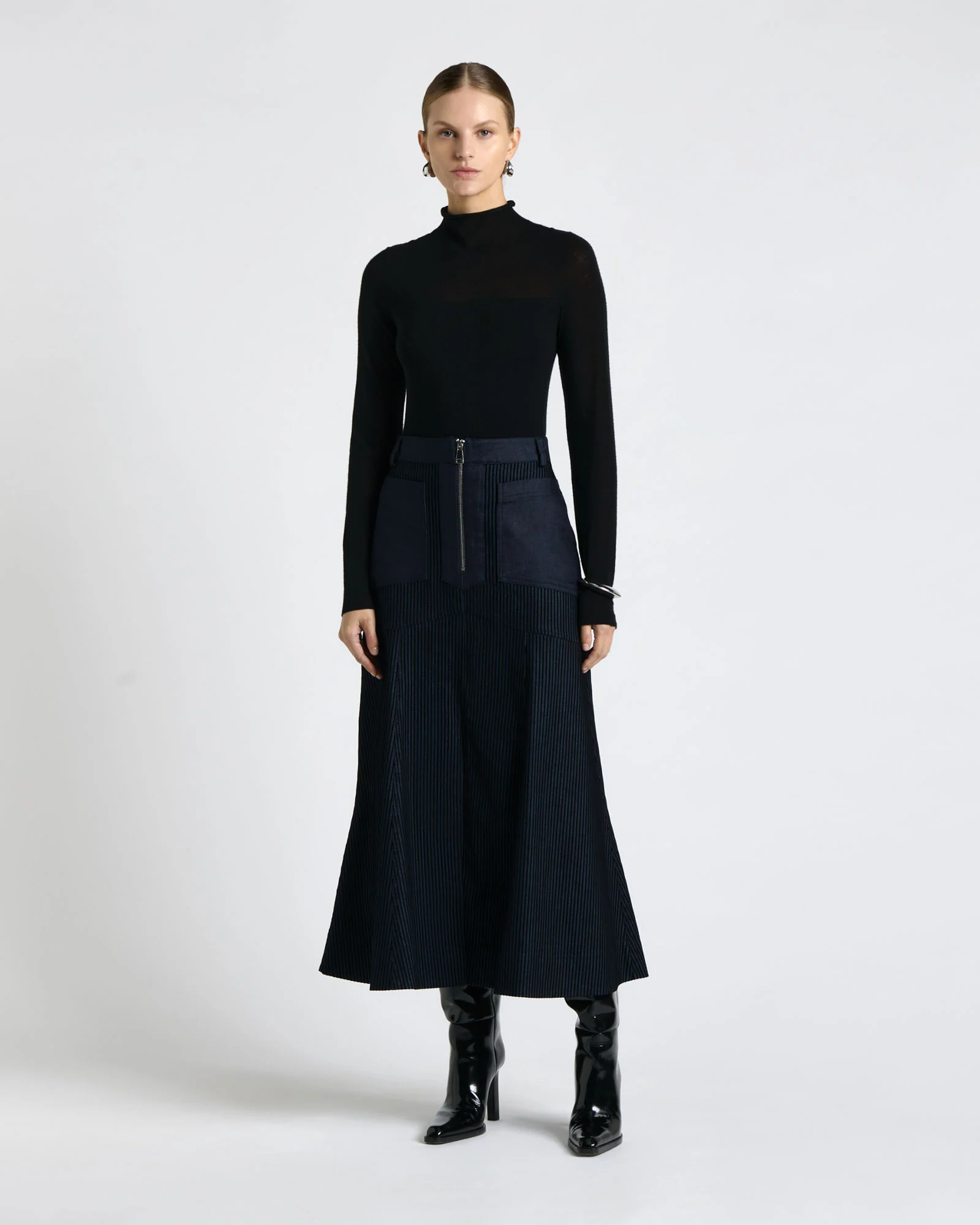 Striped Flocked Denim Midi Skirt