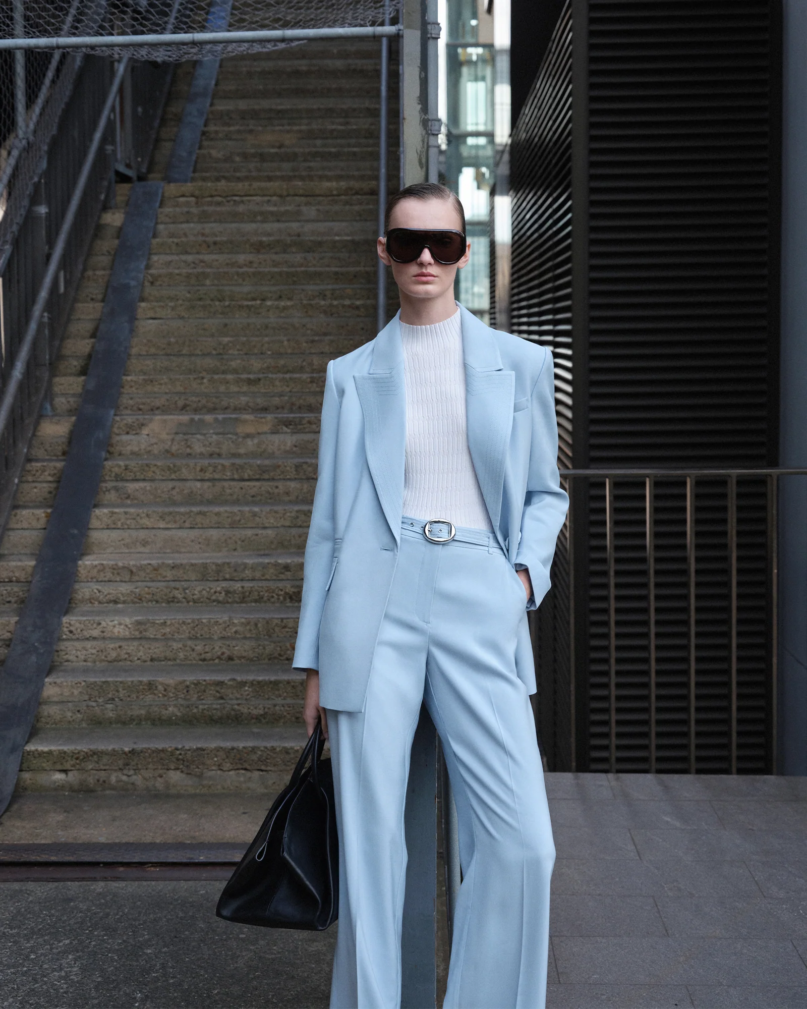 Pale Blue Viscose Twill Topstitched Blazer