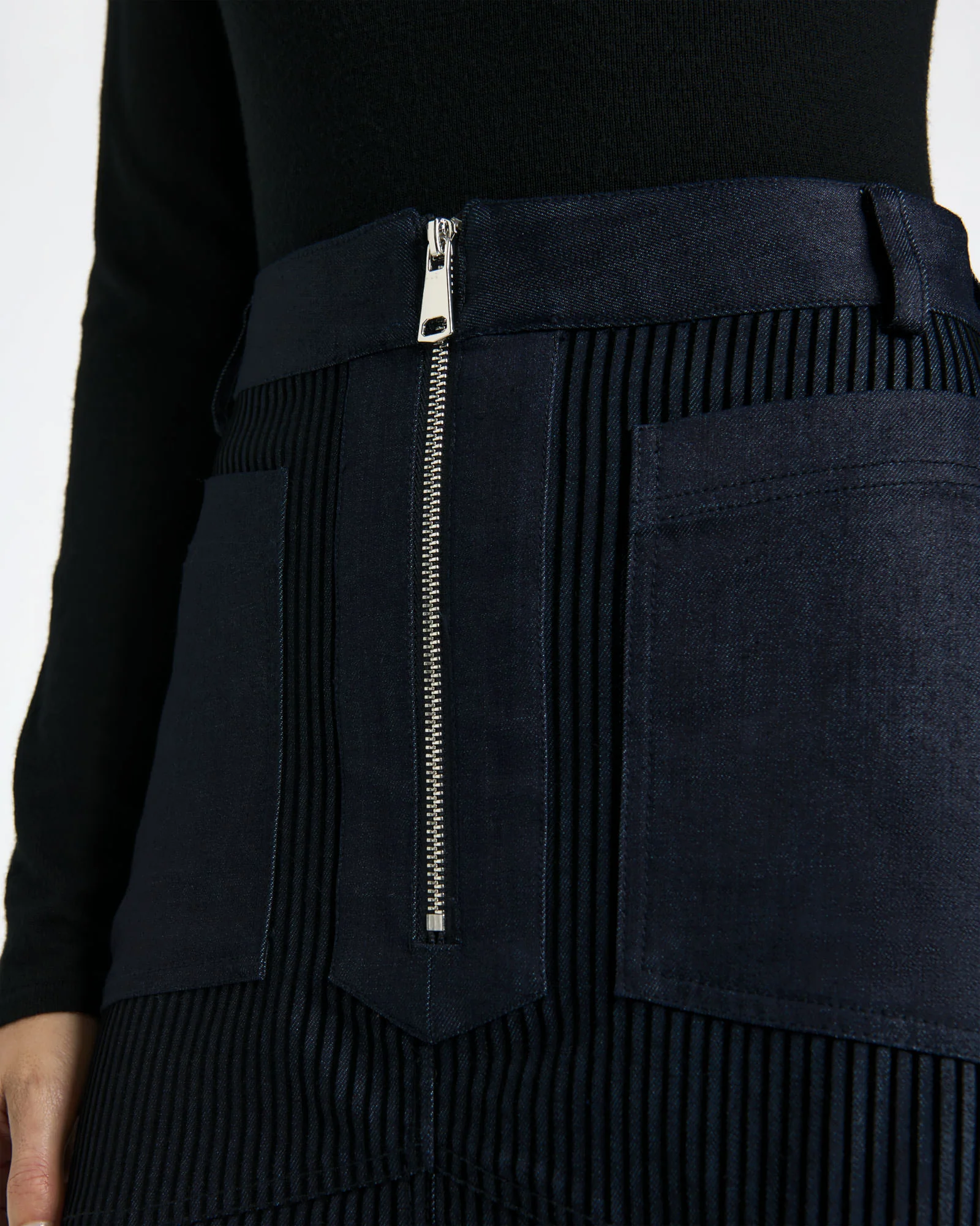 Striped Flocked Denim Midi Skirt