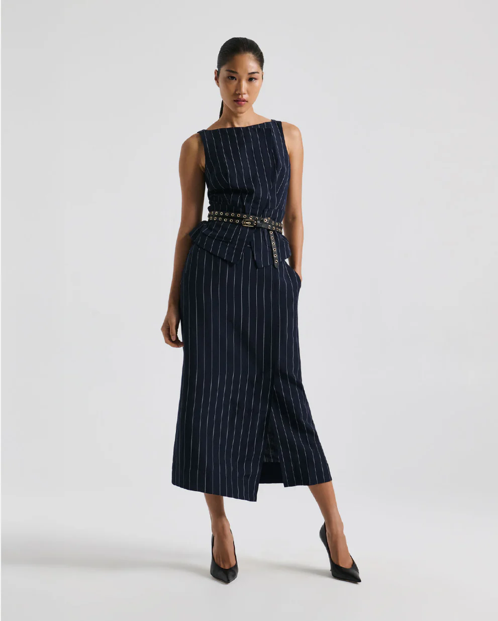 Pinstripe Belted Column Skirt