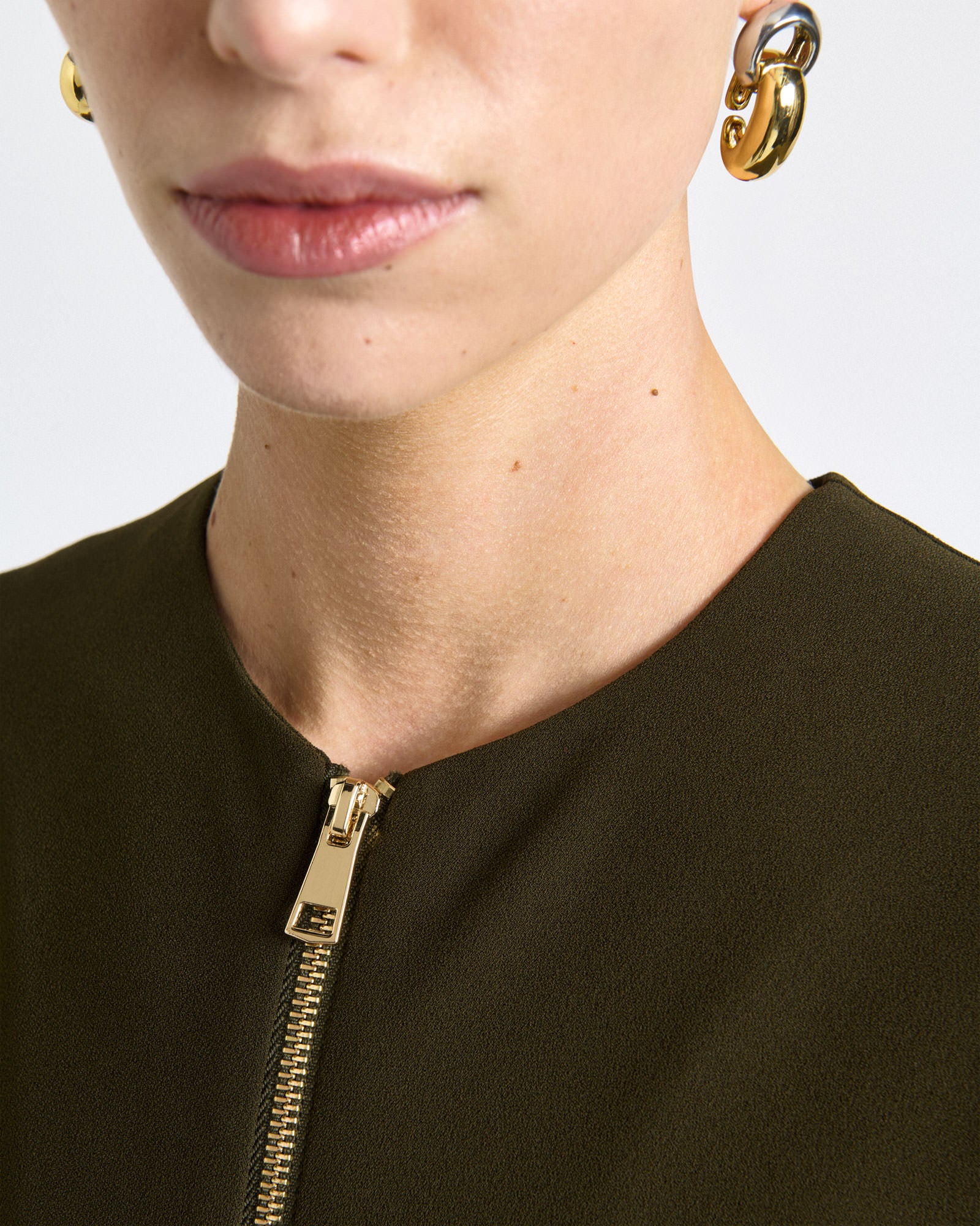 Olive Recycled Crepe Zip Front Midi Dress