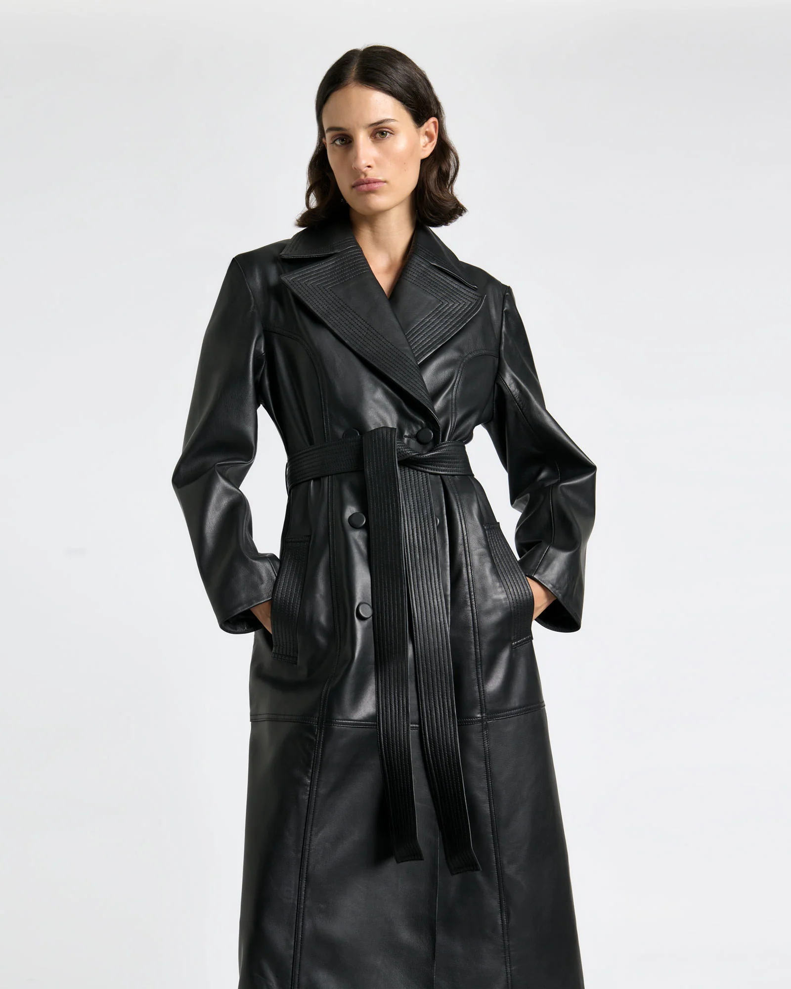 Leather Stitched Maxi Trench
