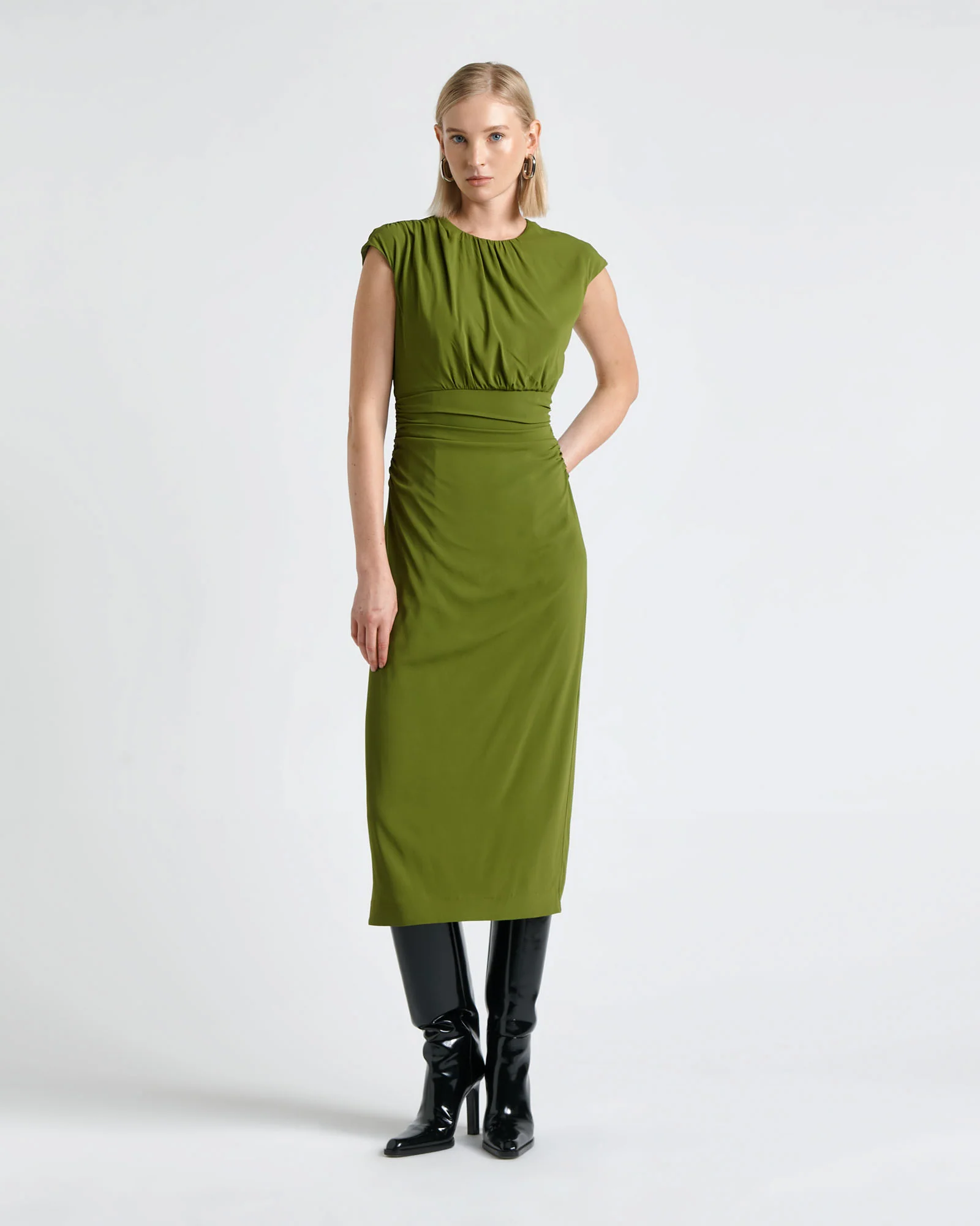 Soft Viscose Ruched Waist Midi Dress