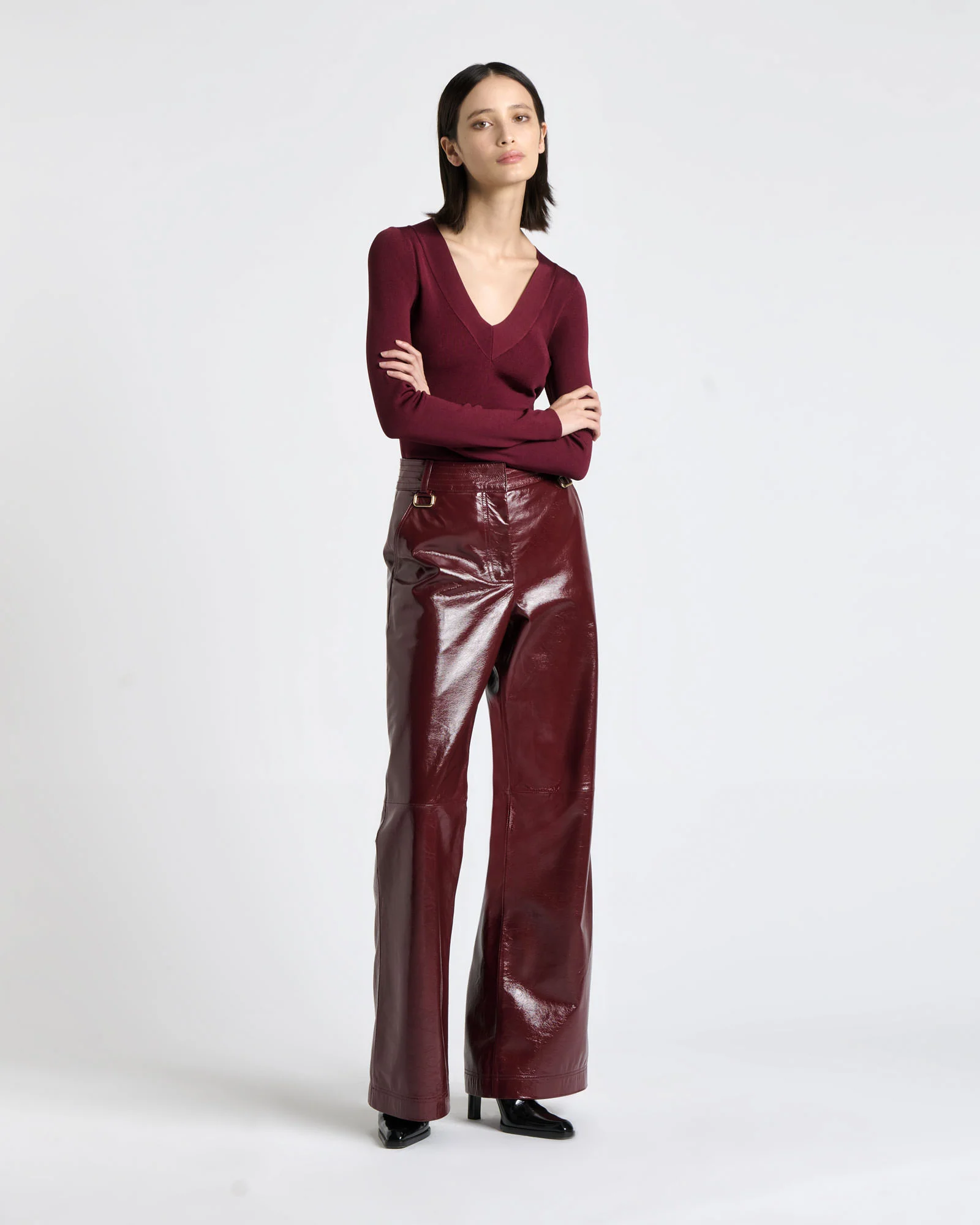 Burgundy Shiny V-Neck Long Sleeve Knit