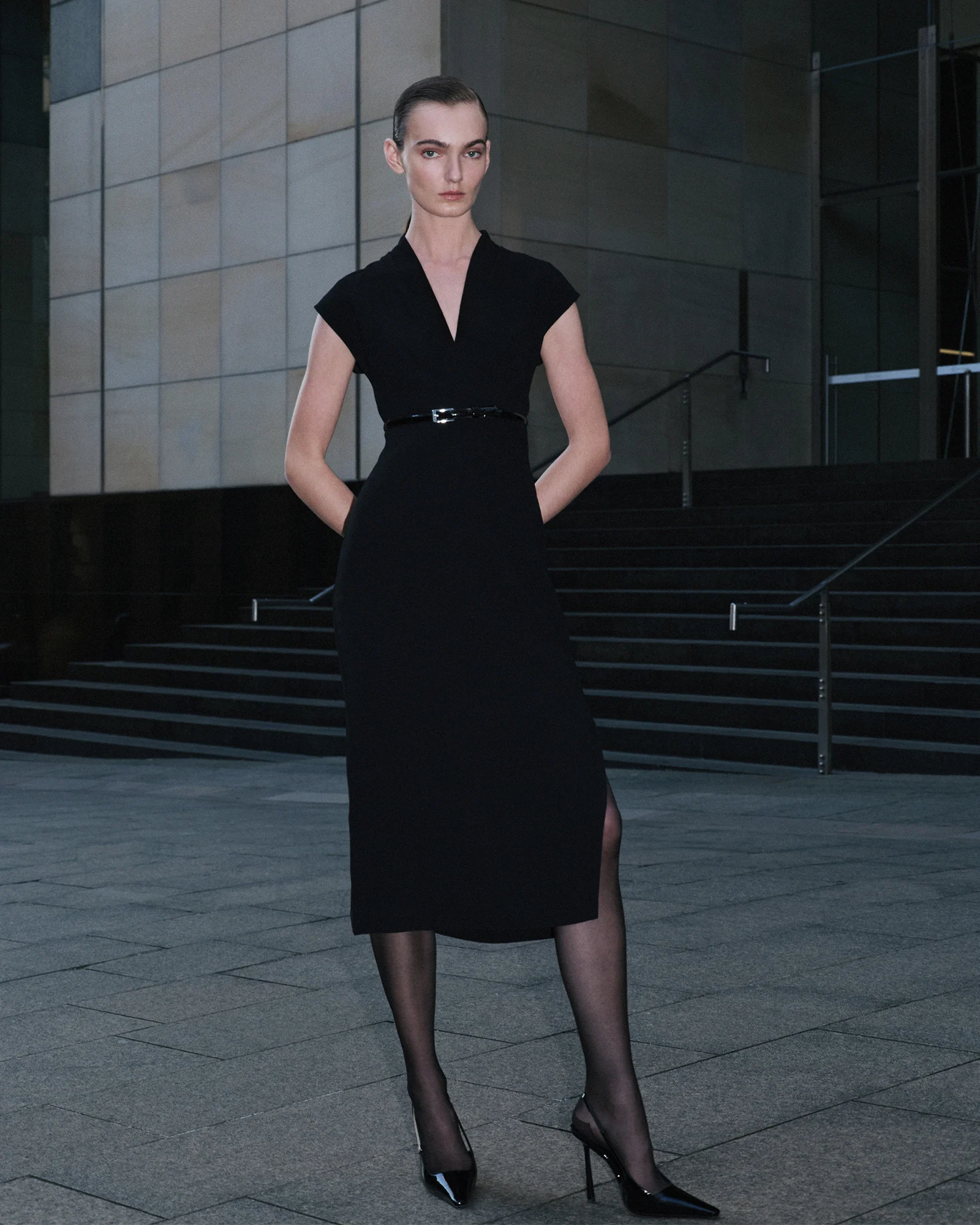 Recycled Crepe V-Neck Split Midi Dress