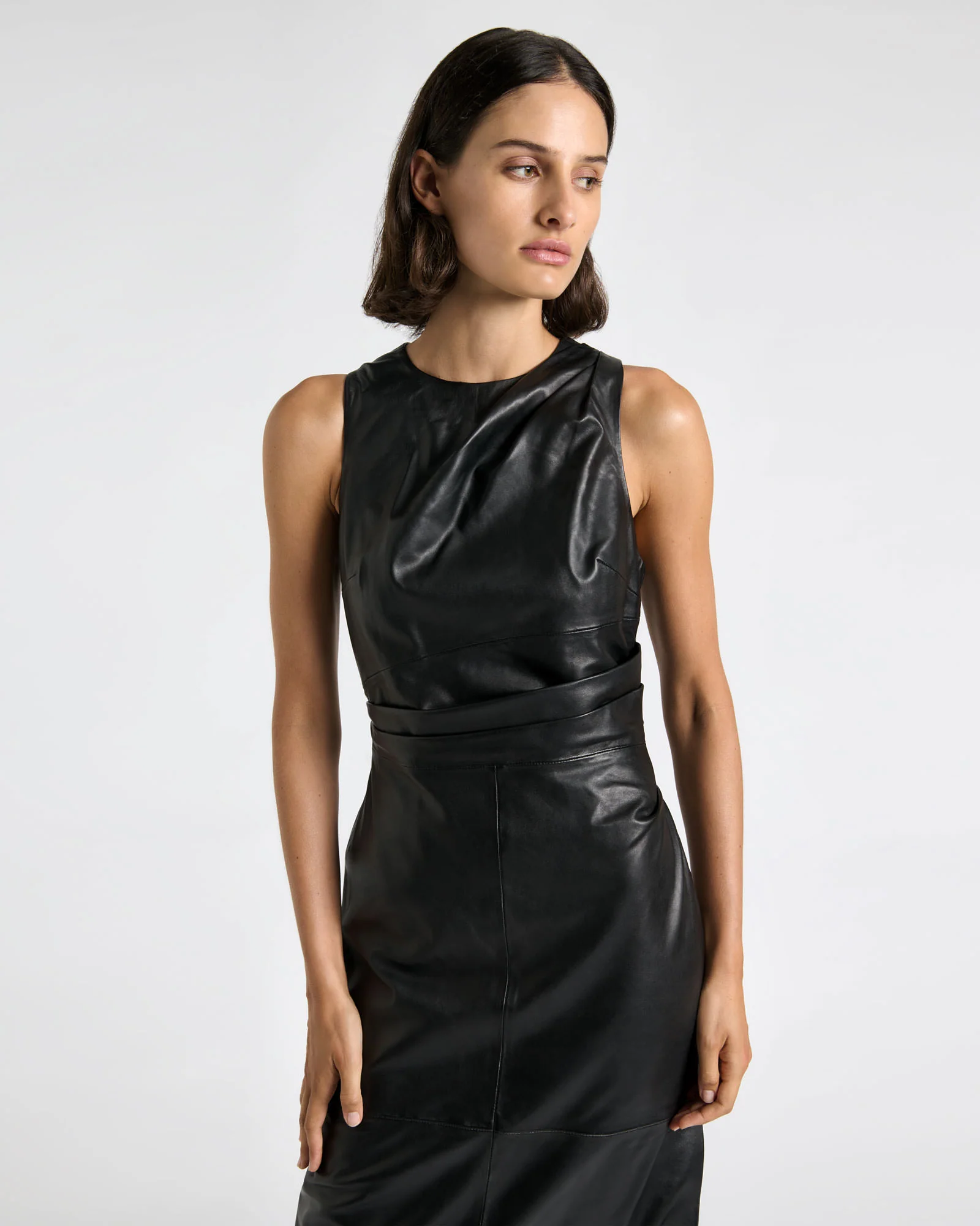 Leather Tucked Midi Dress