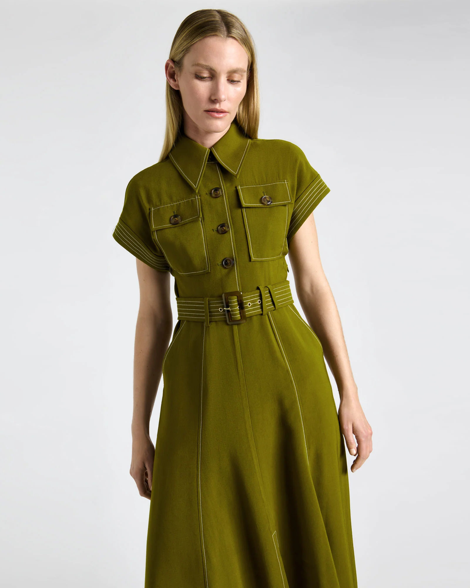 Cactus Green Top Stitched Midi Dress