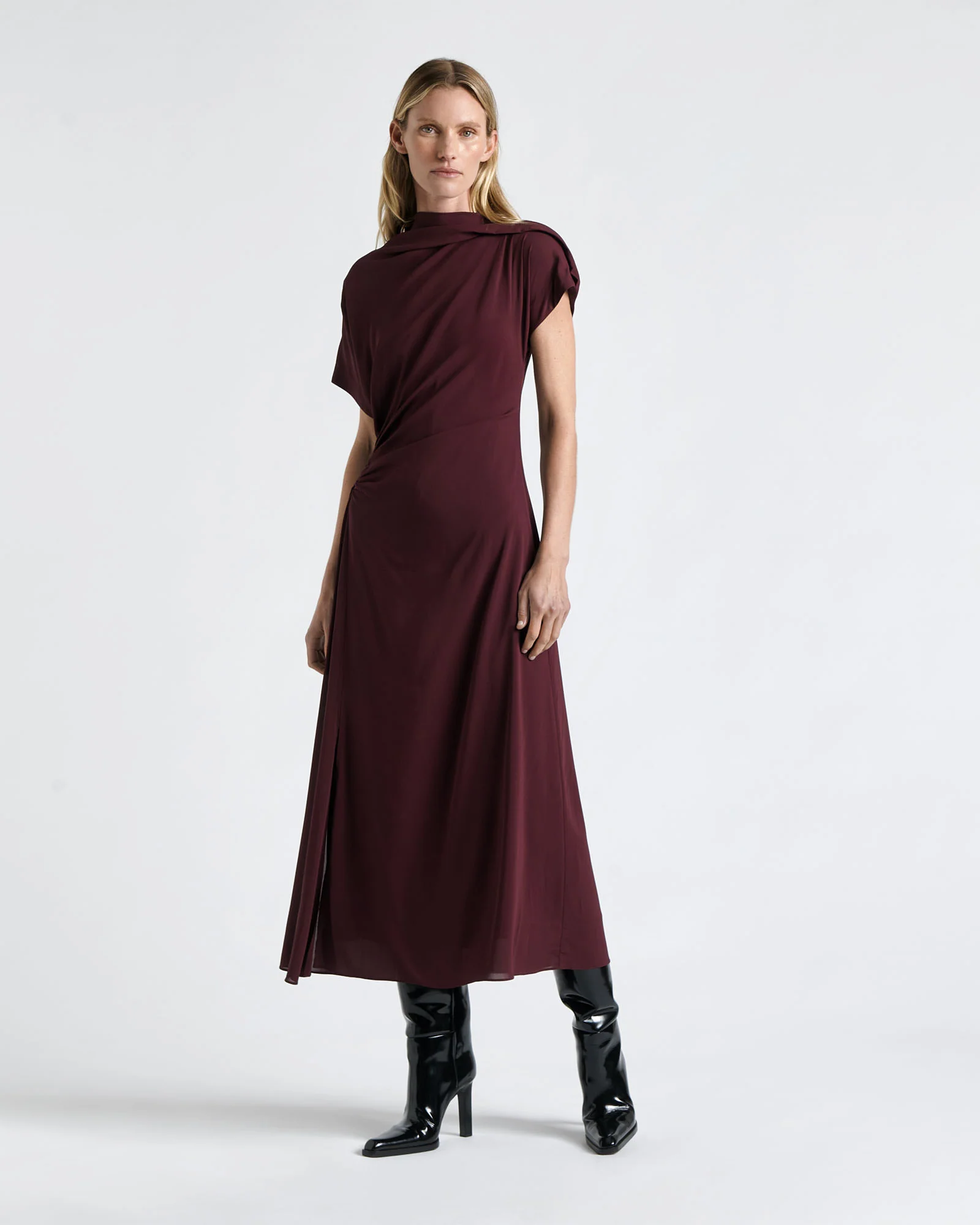 Plum Draped Fold Neck Midi Dress