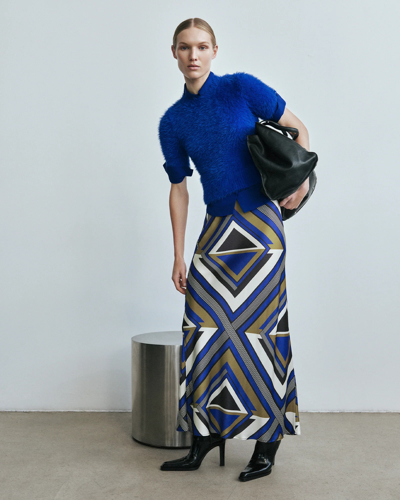 Cobalt Tile Bias Midi Skirt