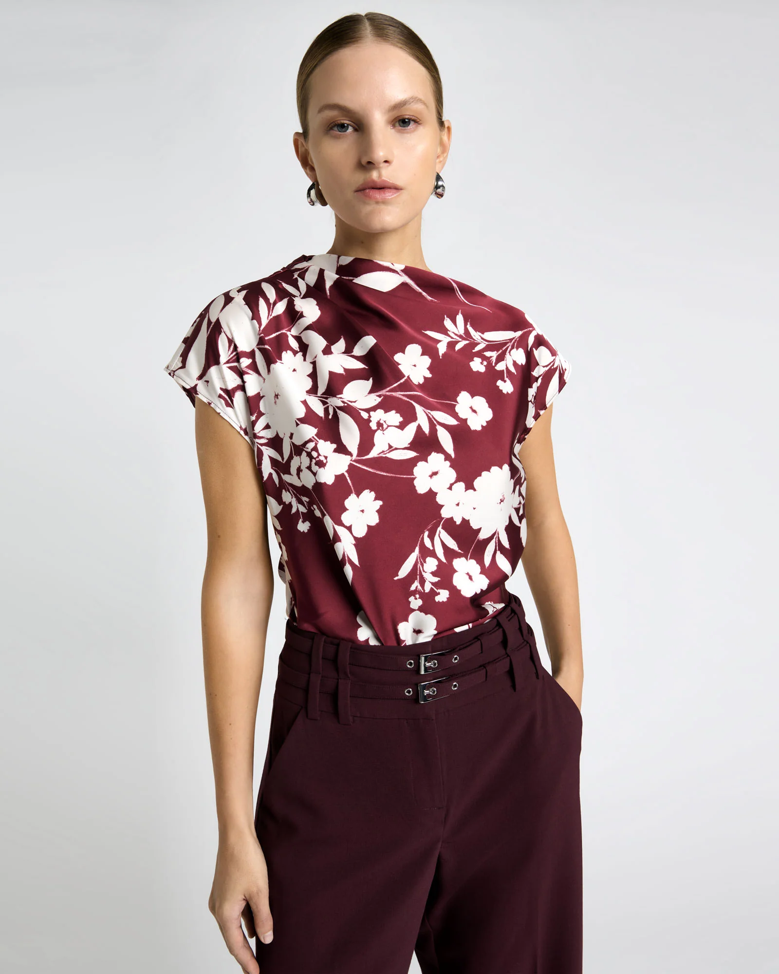 Plum Stencil Floral Draped Top