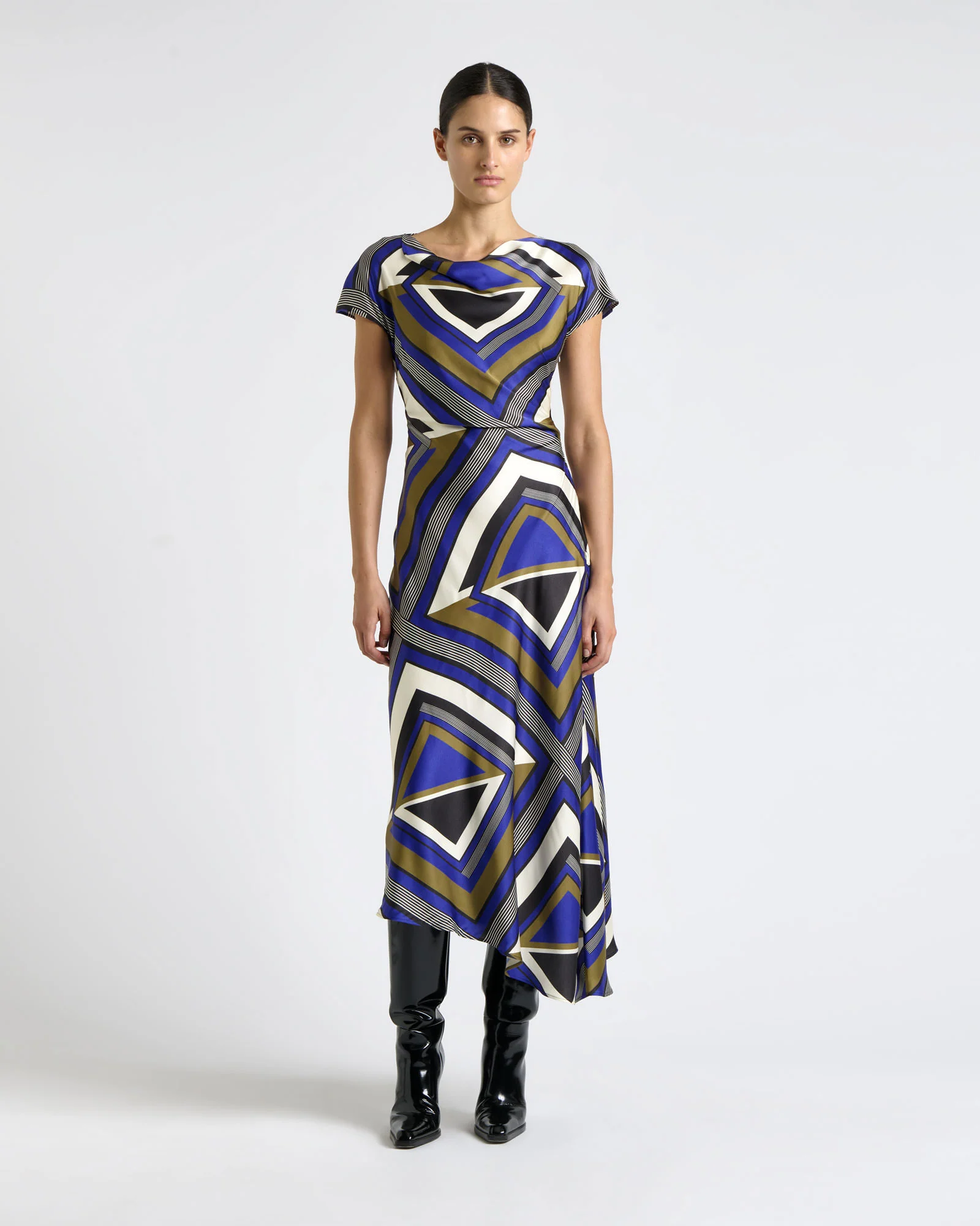 Cobalt Tile Draped Neck Asymmetric Dress