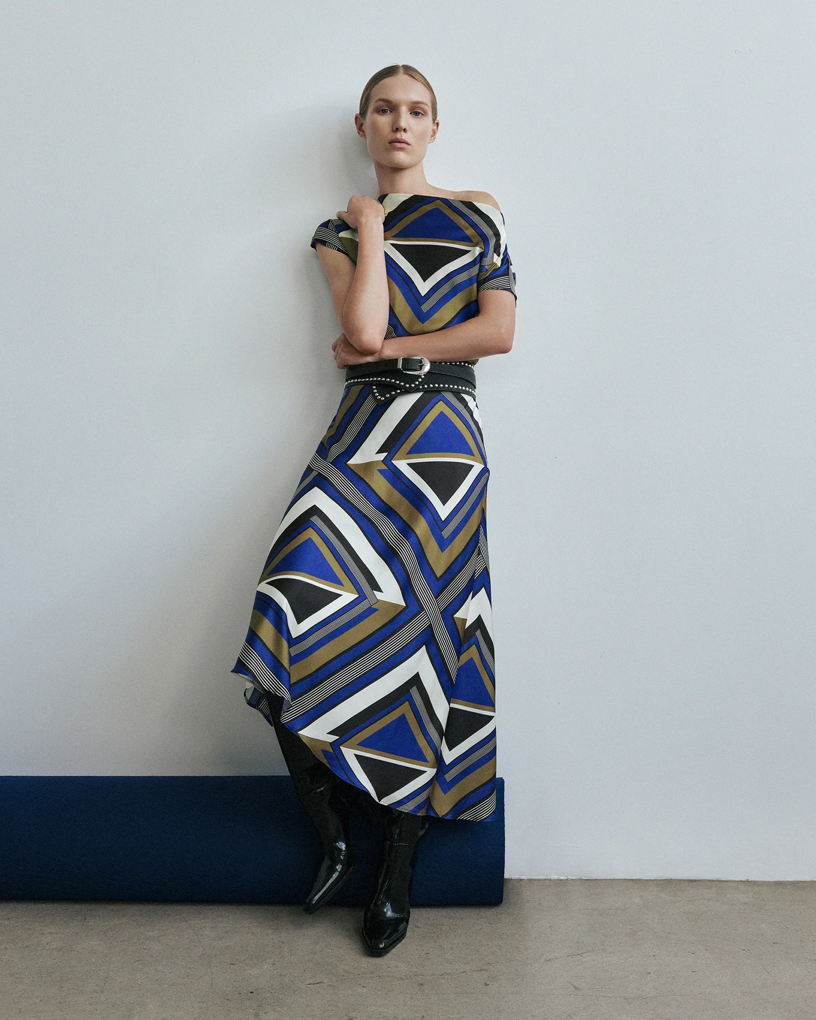 Cobalt Tile Draped Neck Asymmetric Dress