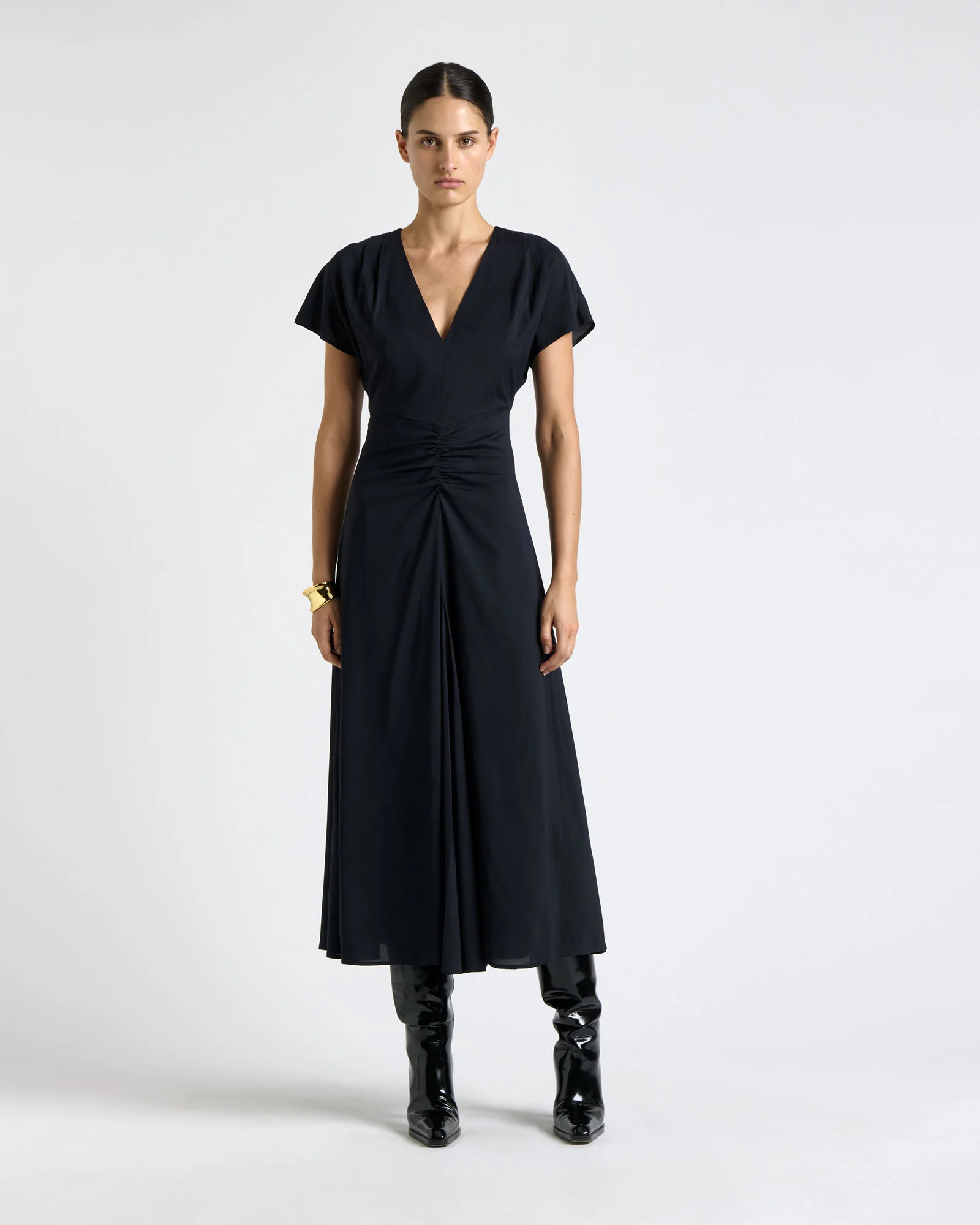 Ink Stretch Viscose Gathered Front Midi Dress