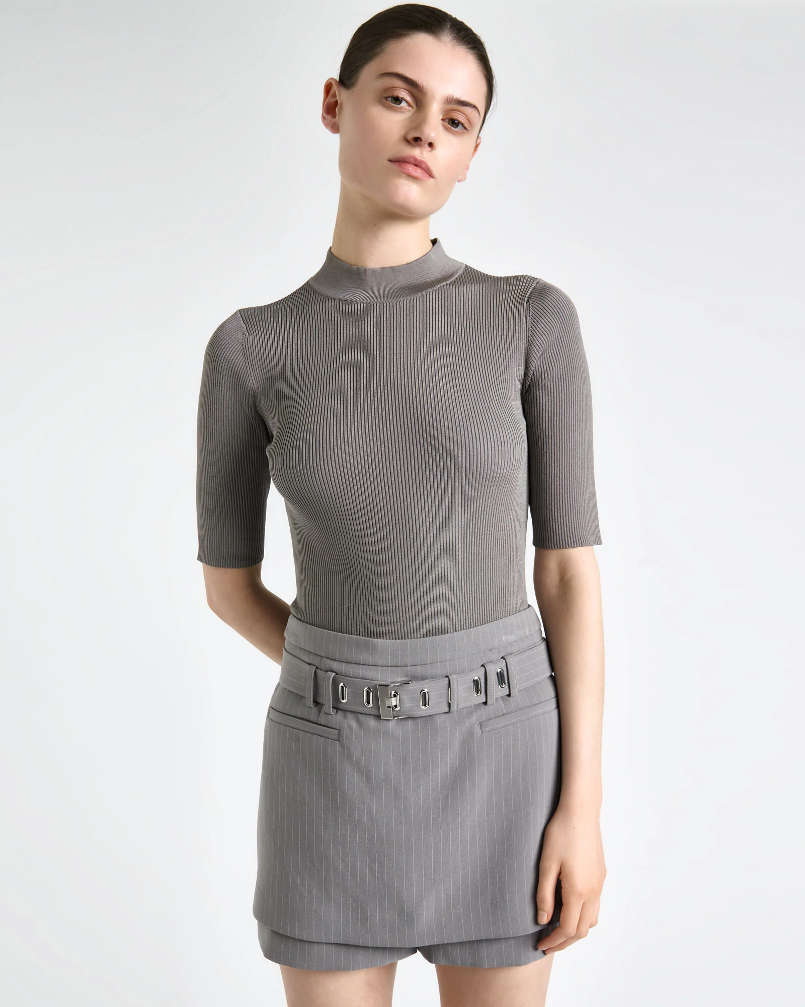 Shiny Rib Elbow Sleeve Knit