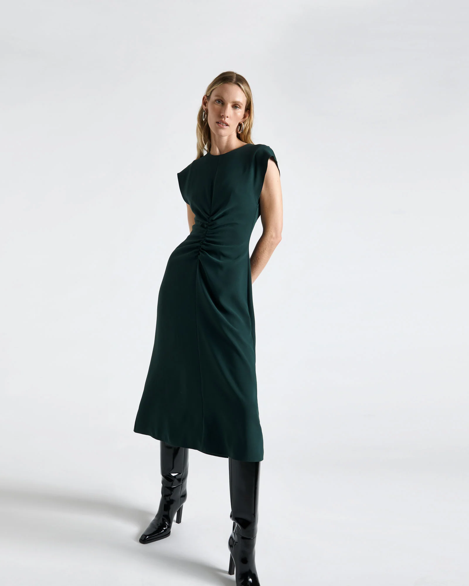 Forest Crew Neck Ruched Midi Dress