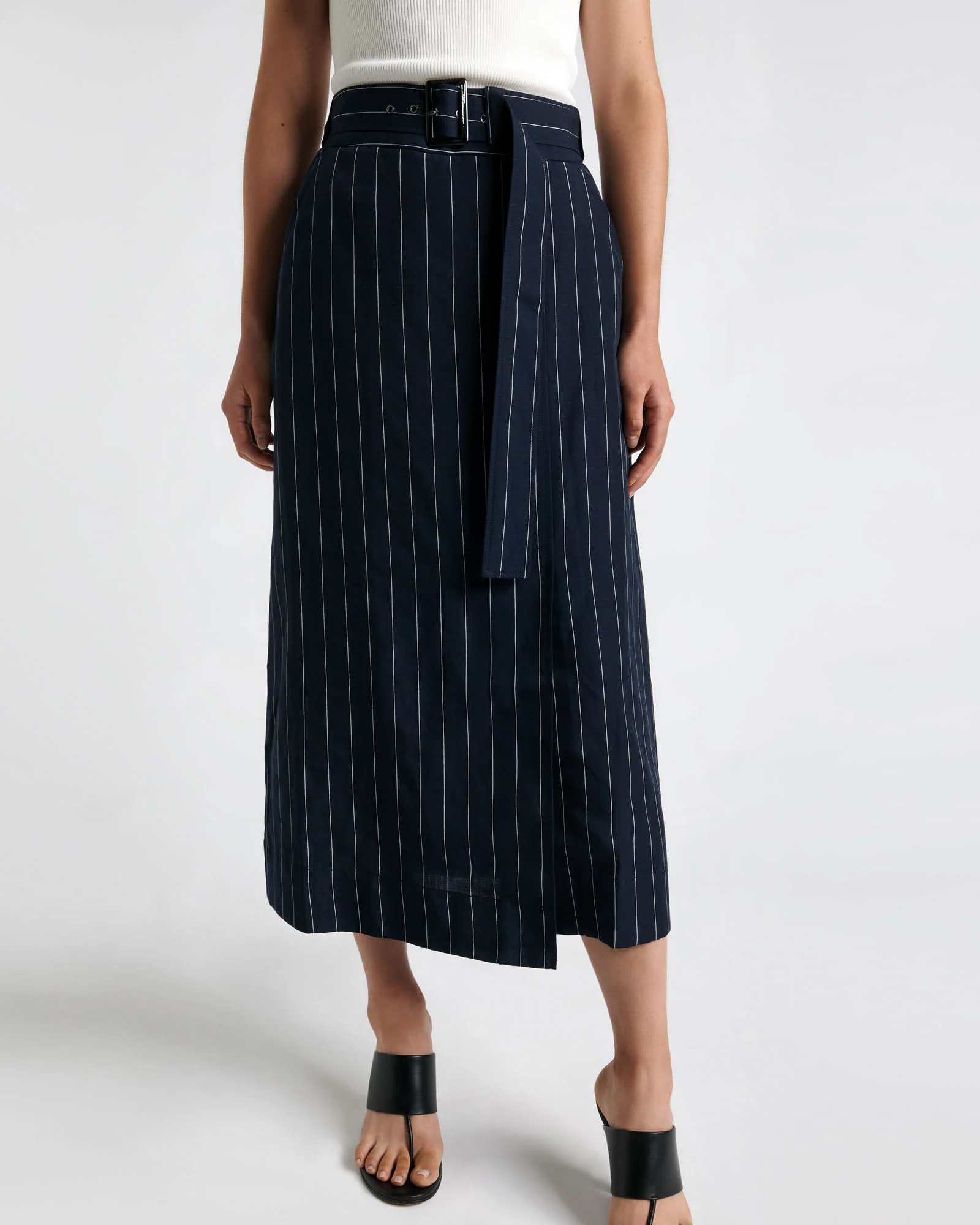 Pinstripe Belted Column Skirt