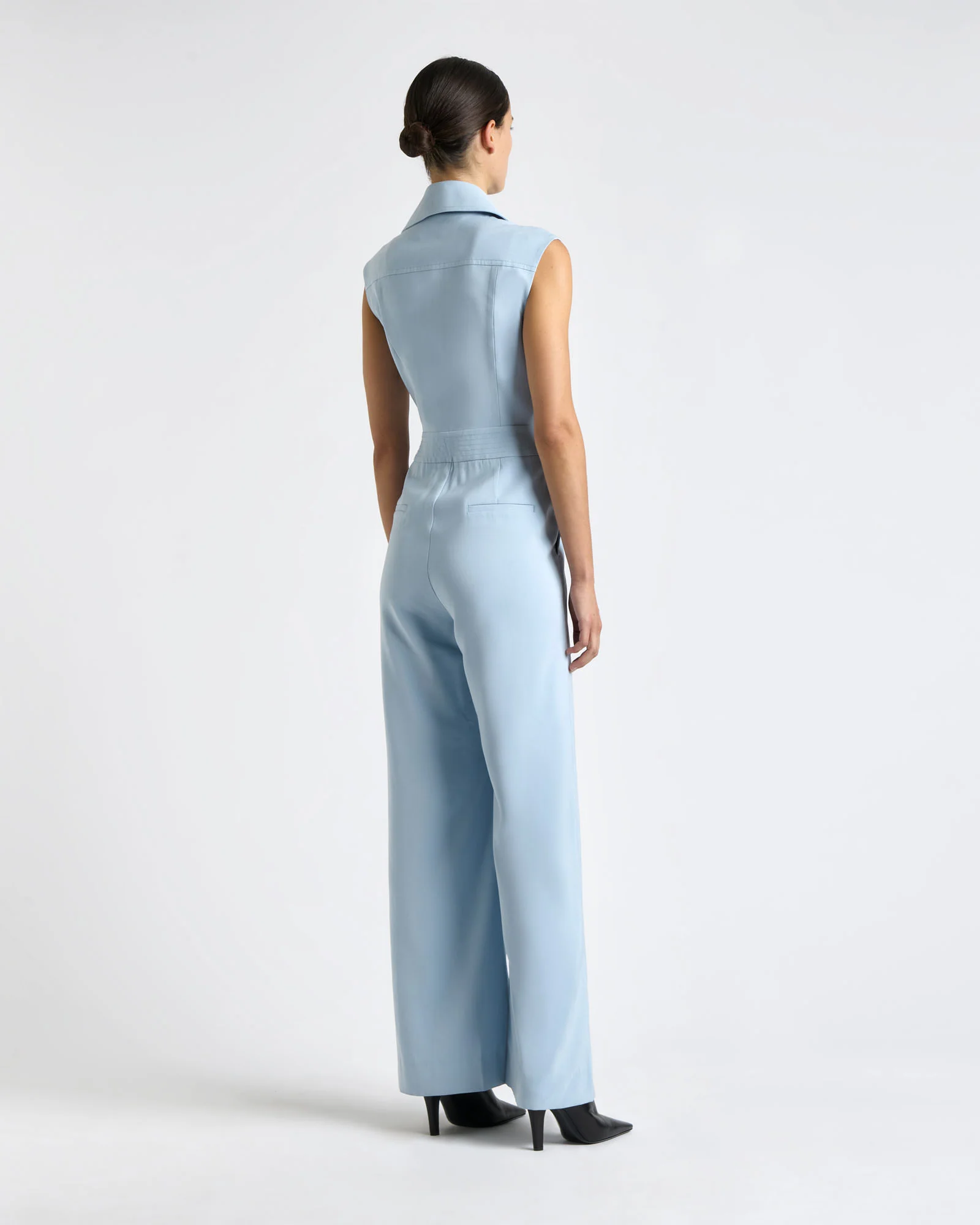 Pale Blue Viscose Twill Wide Leg Jumpsuit