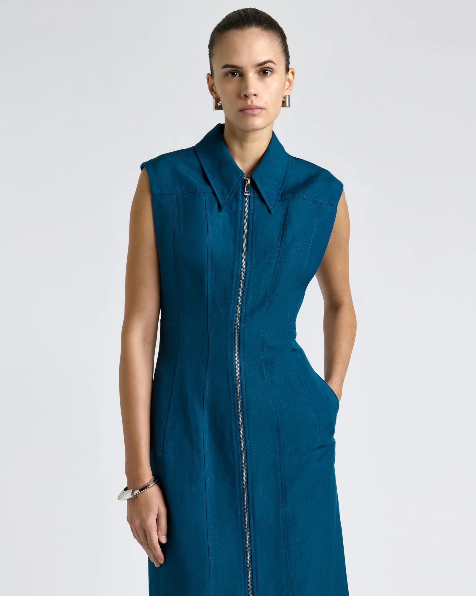 Linen Blend Panelled Midi Dress