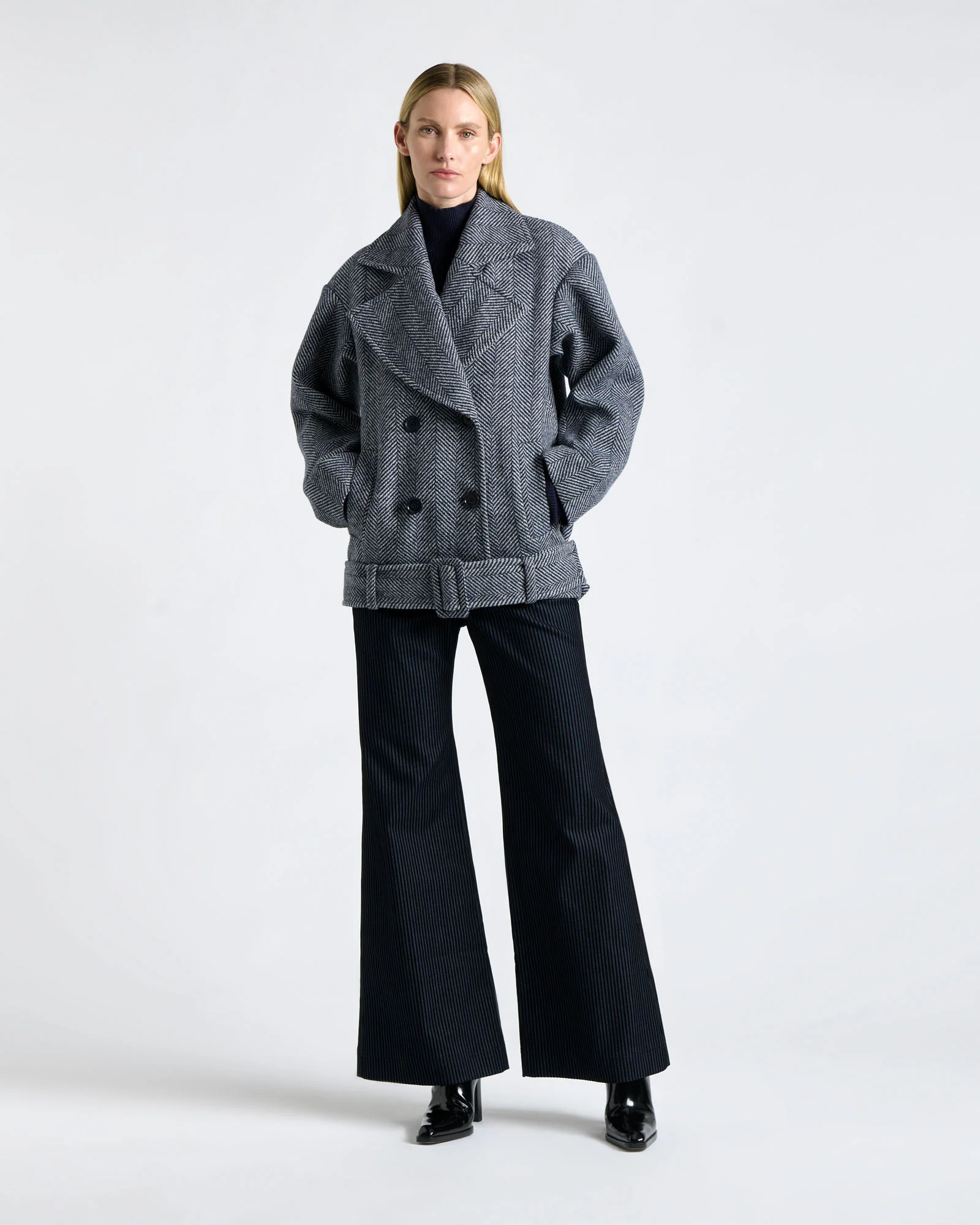 Wool Herringbone Coat With Faux Fur Collar