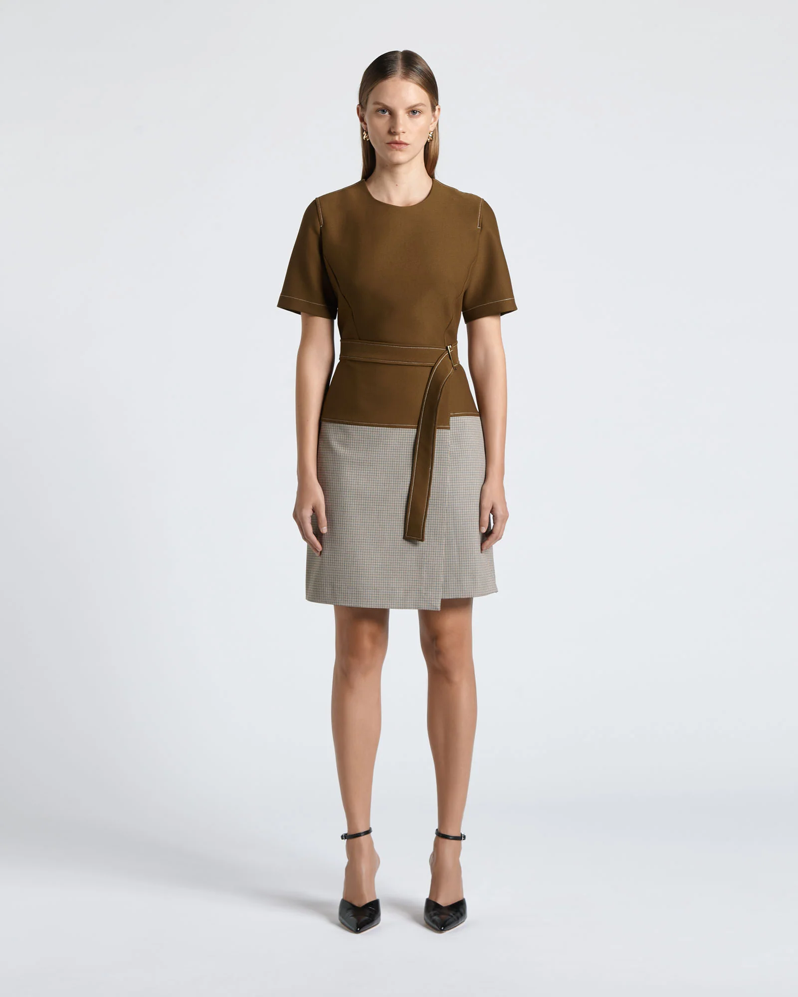 Houndstooth Belted A-Line Mini Dress