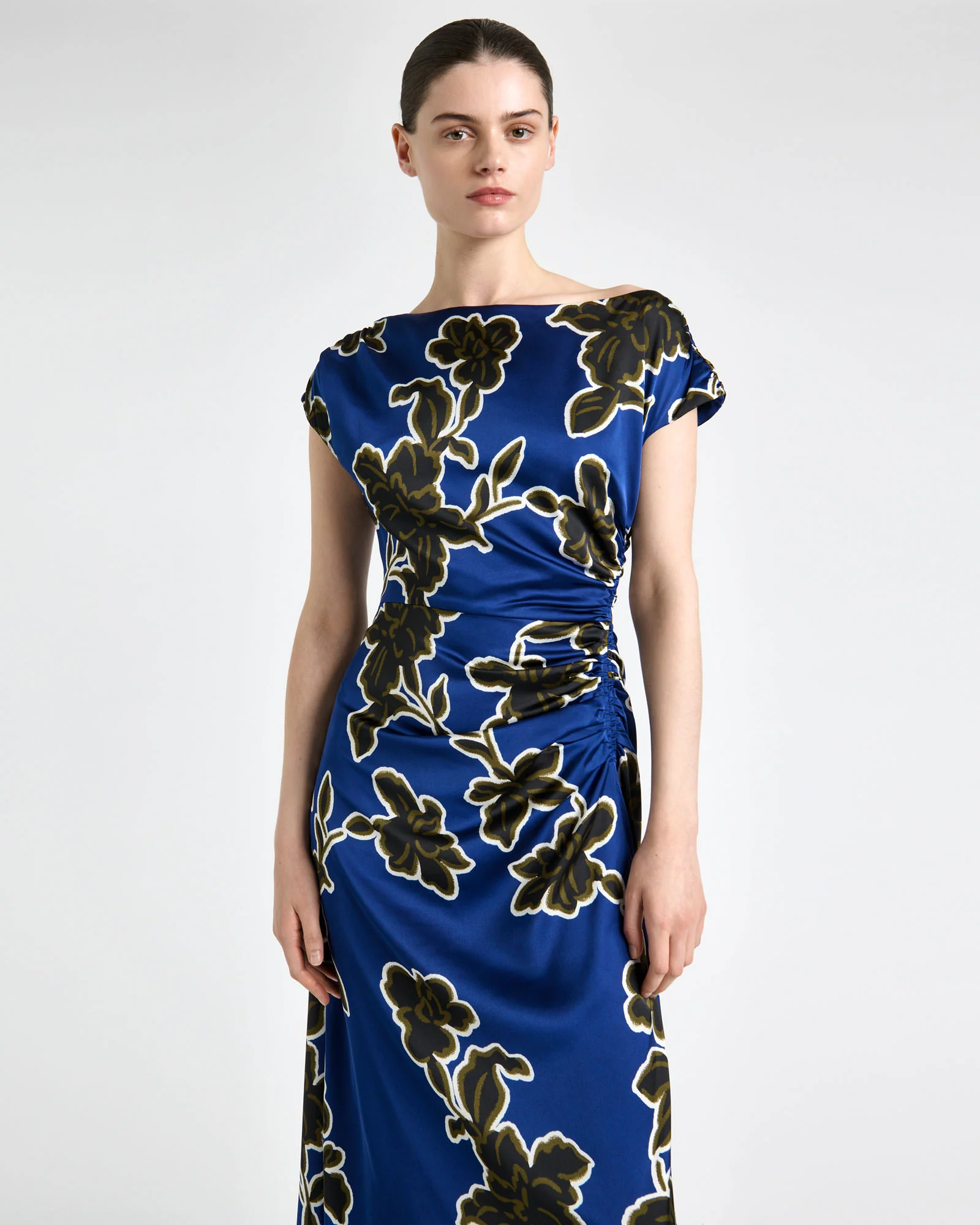 Cobalt Illustrated Floral Satin Draped Midi Dress