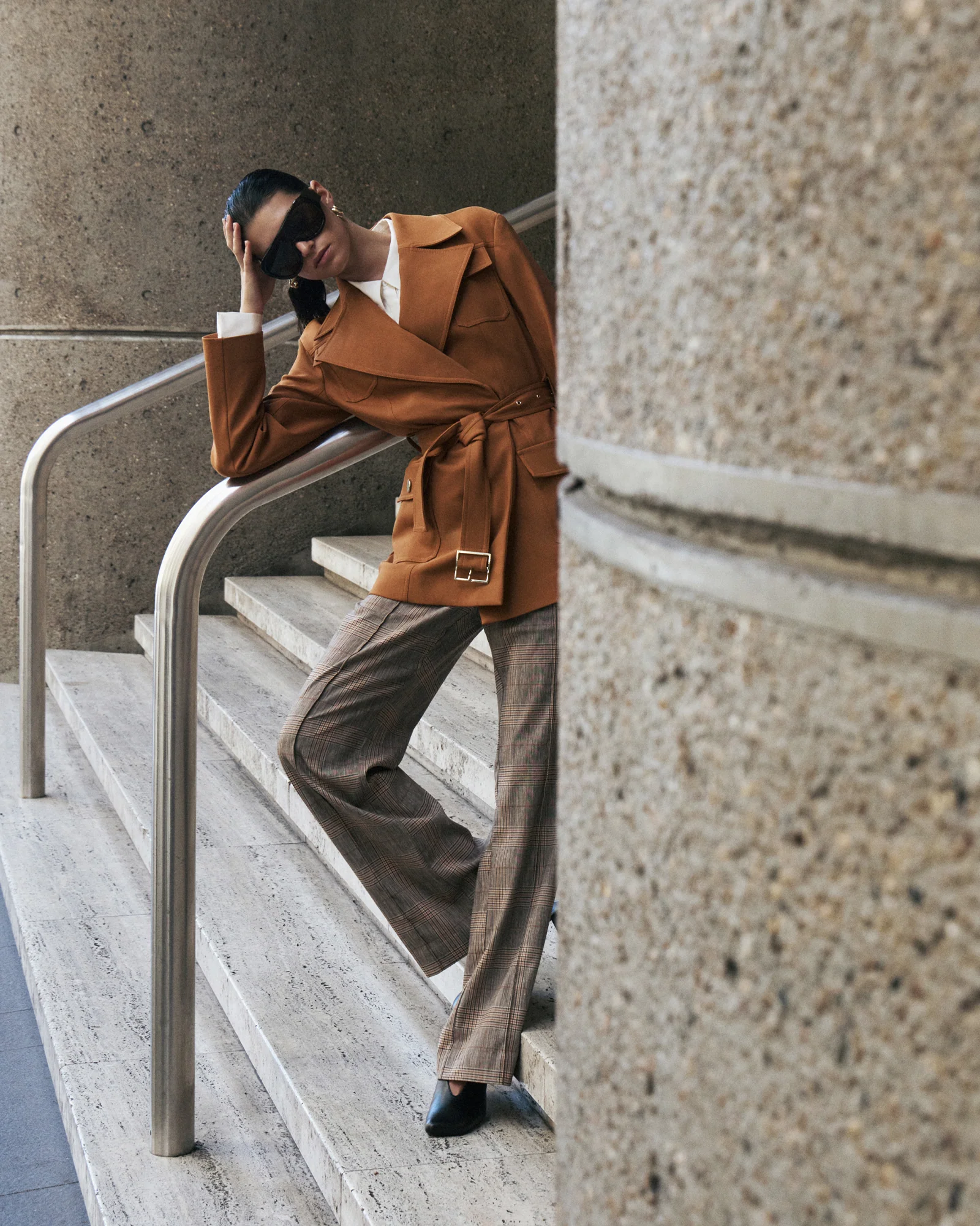 European Linen Wool Check Wide Leg Pant