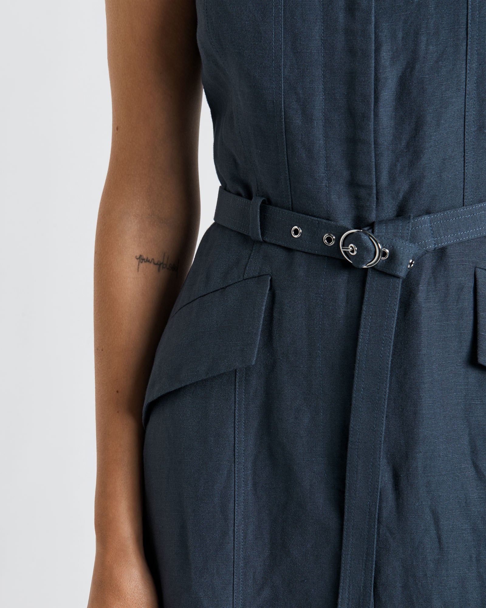 Linen Blend Buckle Detail Midi Dress
