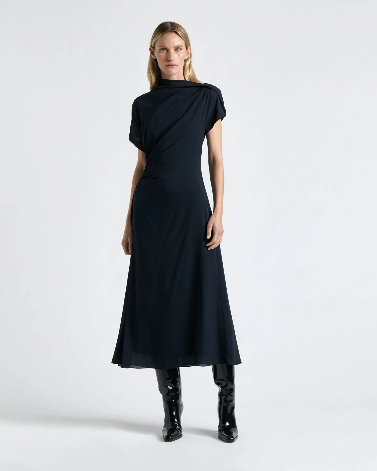 Draped Fold Neck Midi Dress