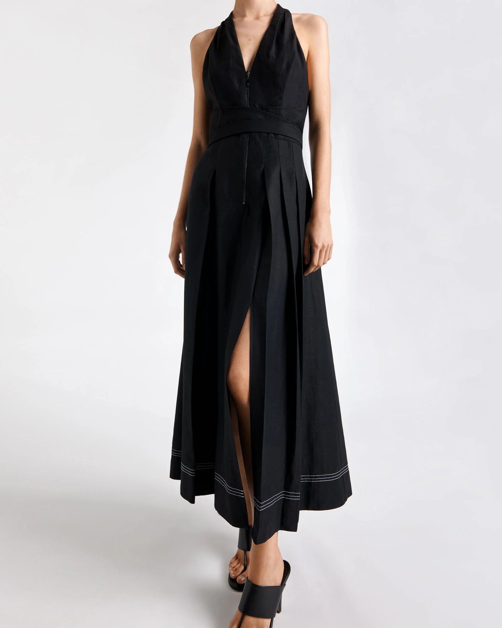 Topstitched Halterneck Midi Dress