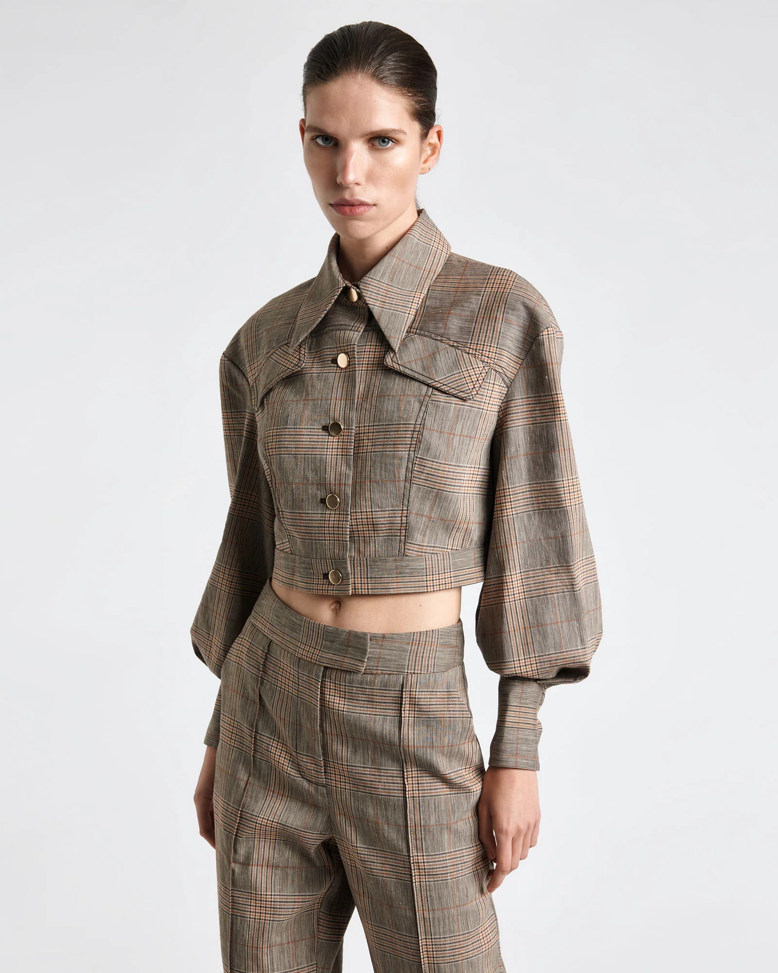 European Linen Wool Check Cropped Jacket