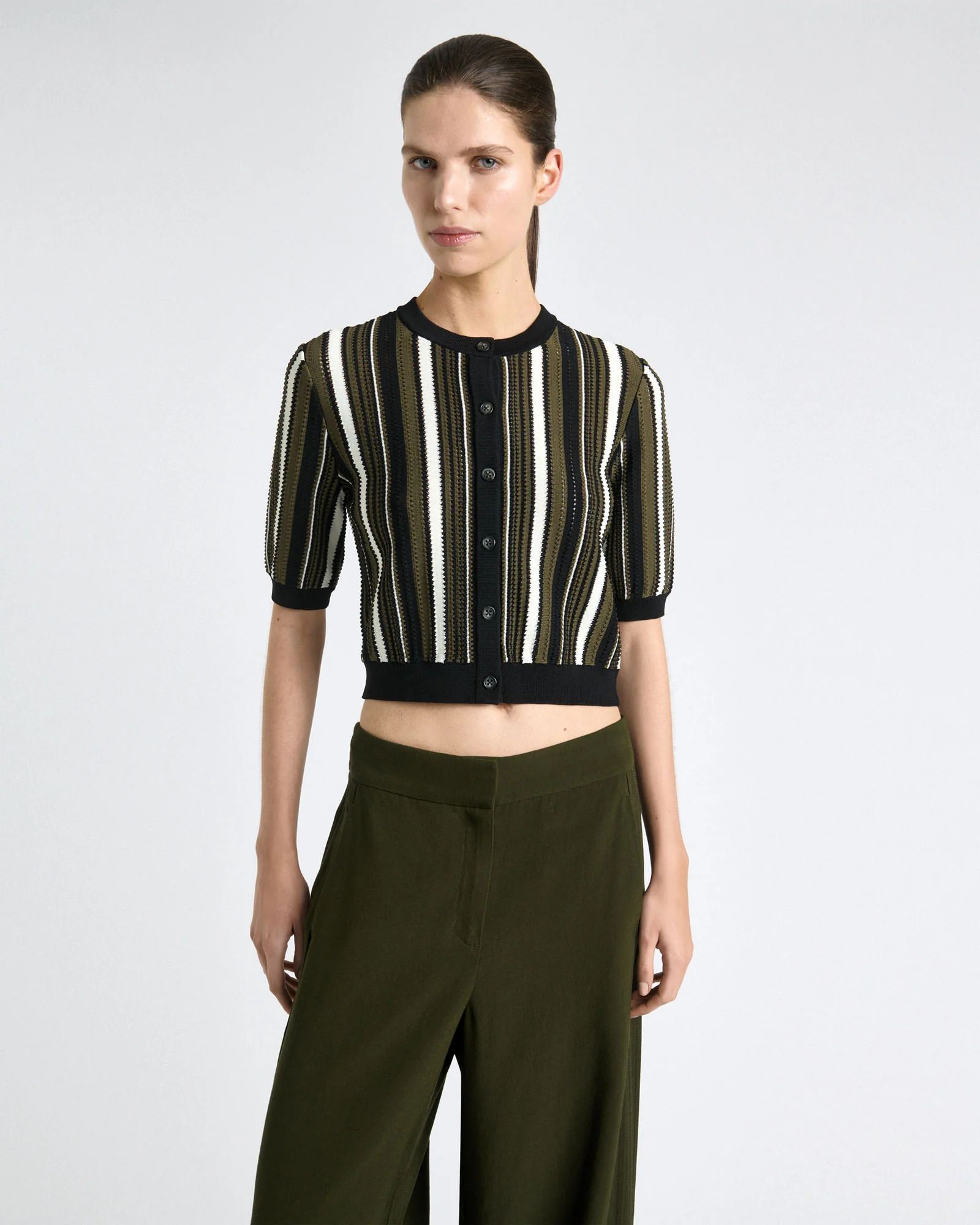 Olive Textured Stripe Short Sleeve Cardigan