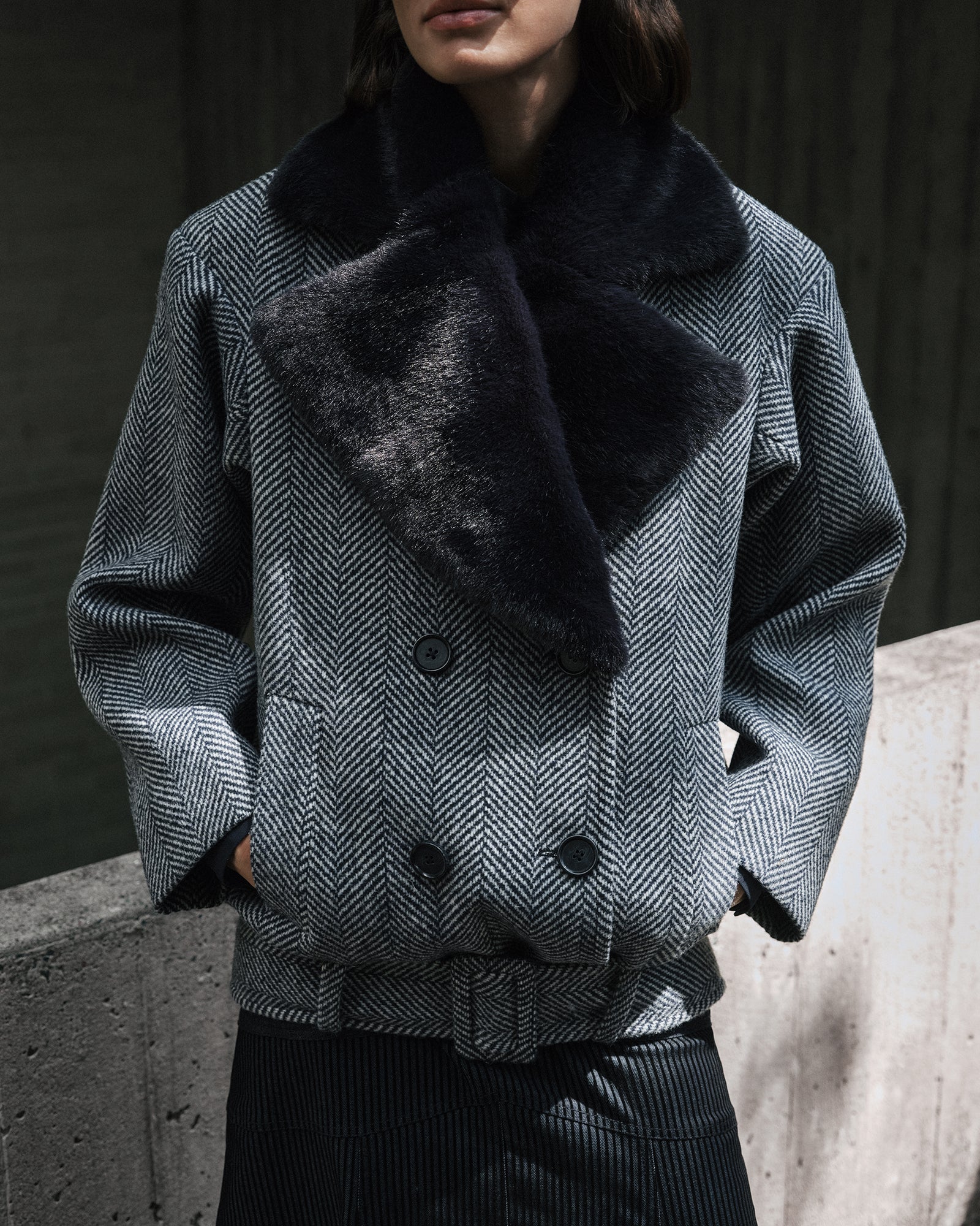 Wool Herringbone Coat With Faux Fur Collar