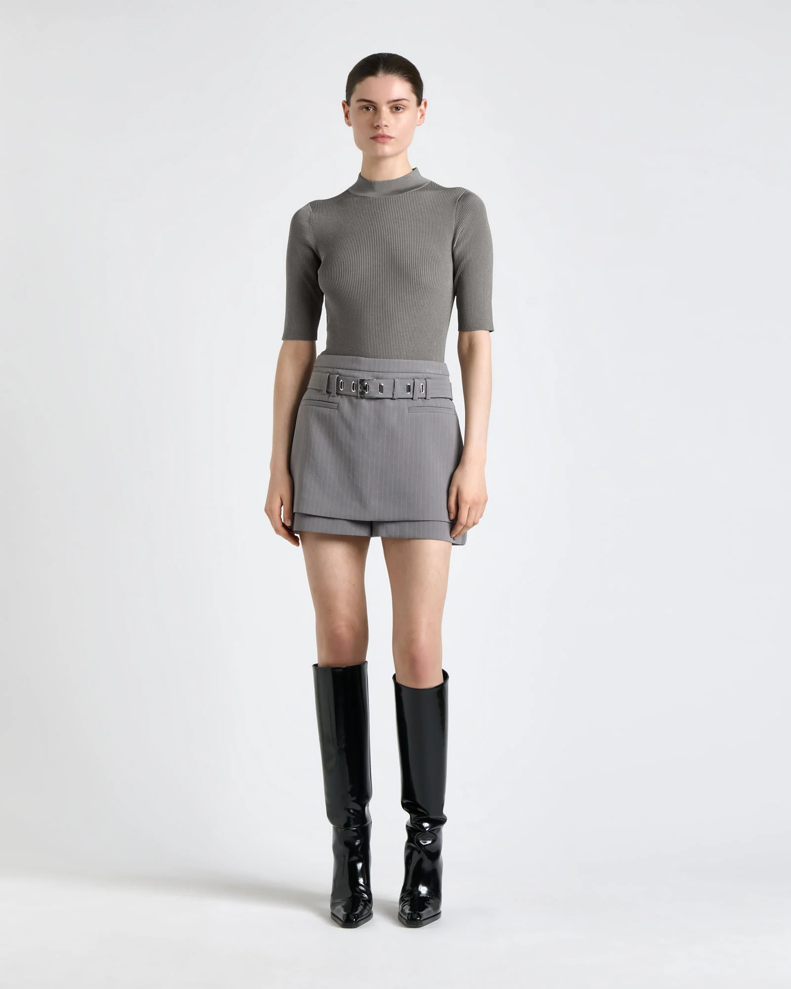 Shiny Rib Elbow Sleeve Knit