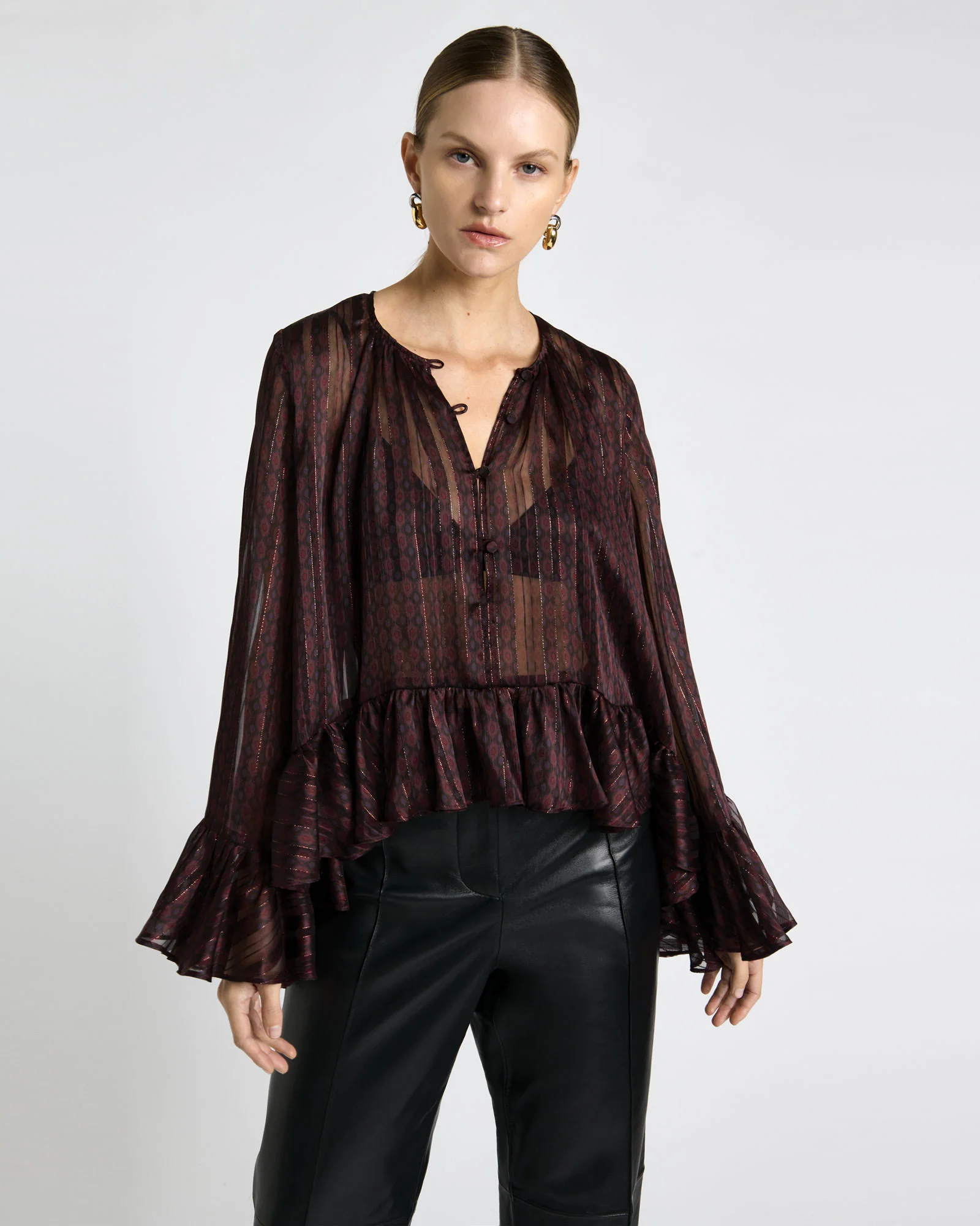 Merlot Lurex Geo Frill Top
