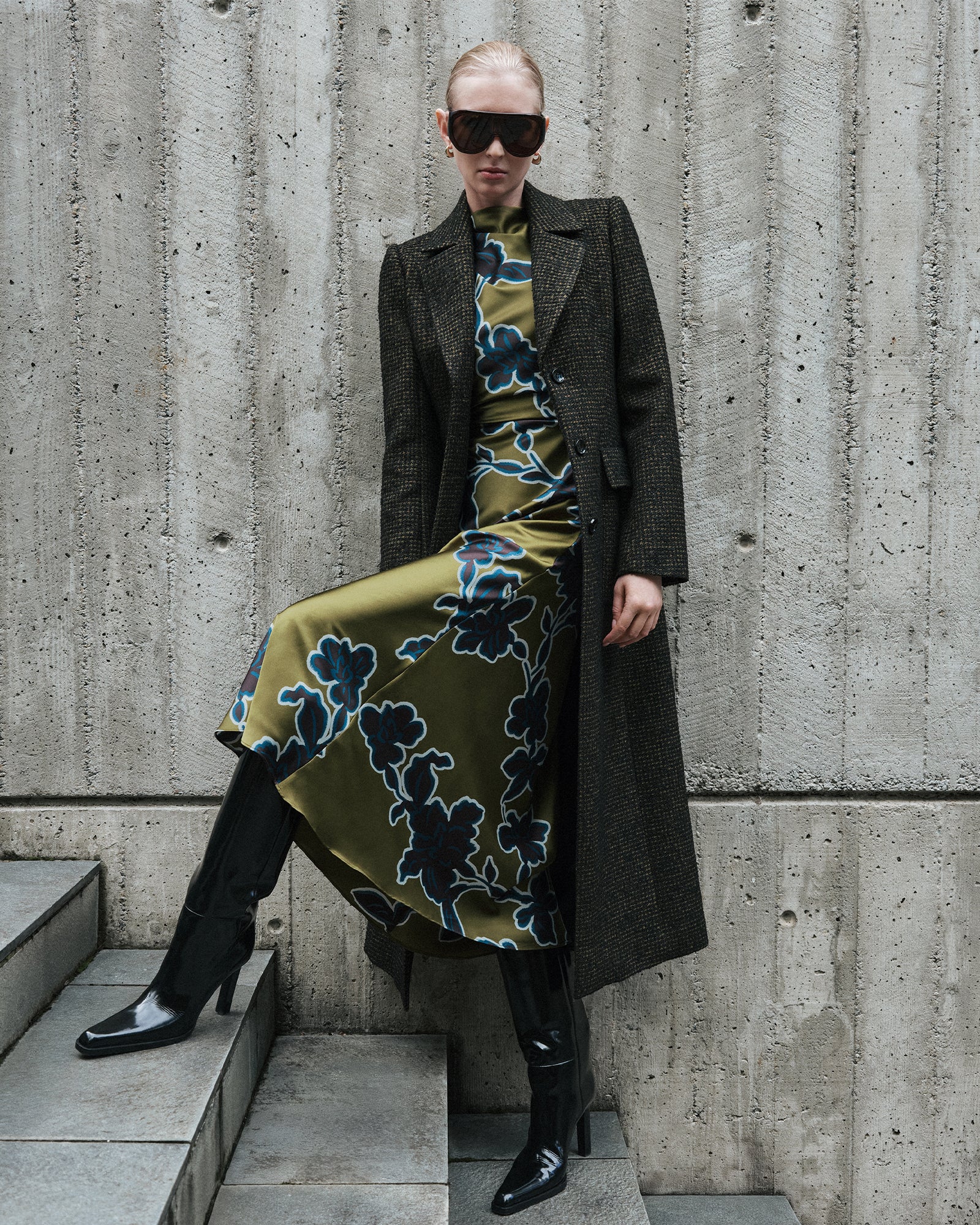 Olivine Illustrated Floral Satin Midi Dress