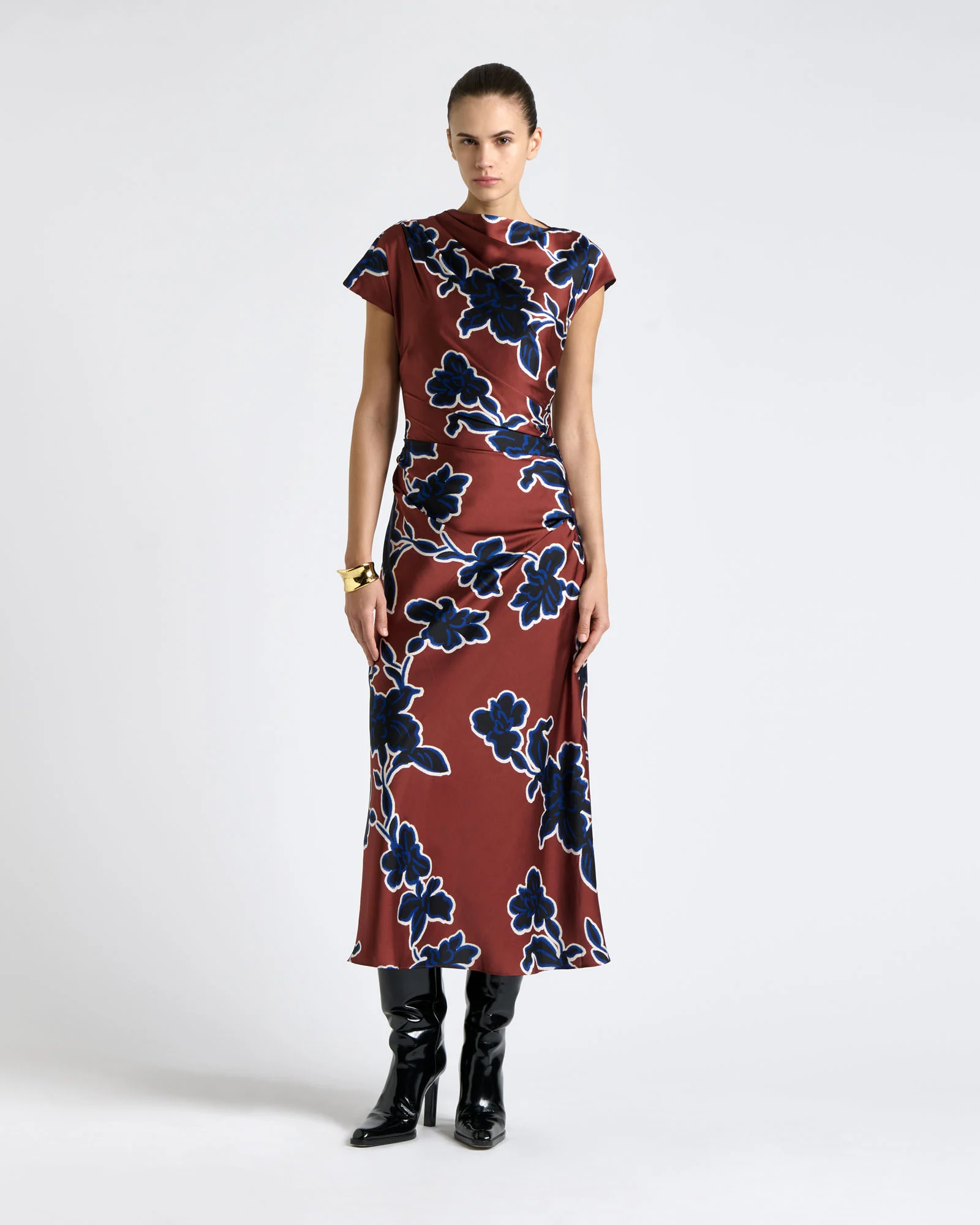 Rosewood Illustrated Floral Satin Midi Dress