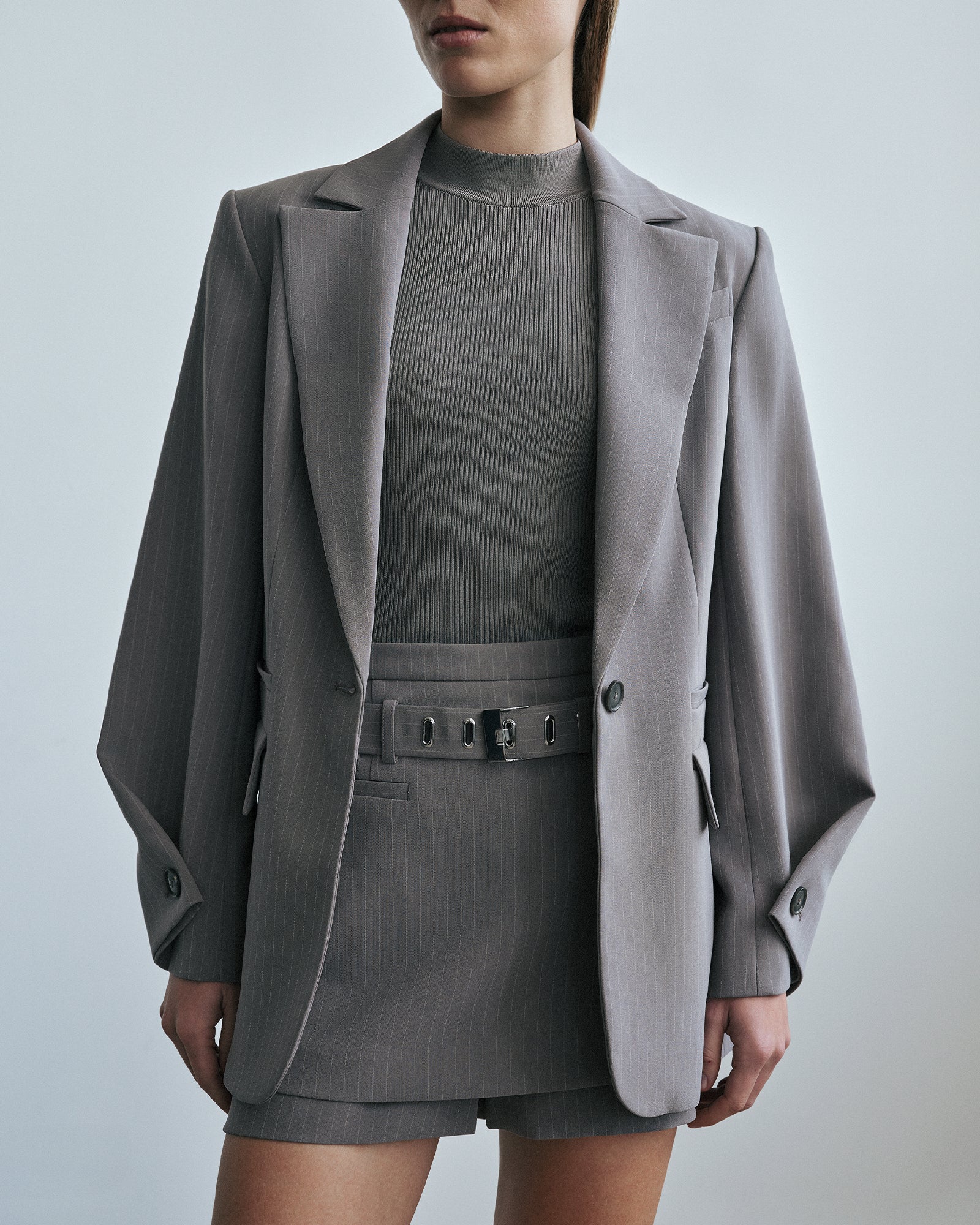 Oyster Acetate Pinstripe Button Sleeve Blazer