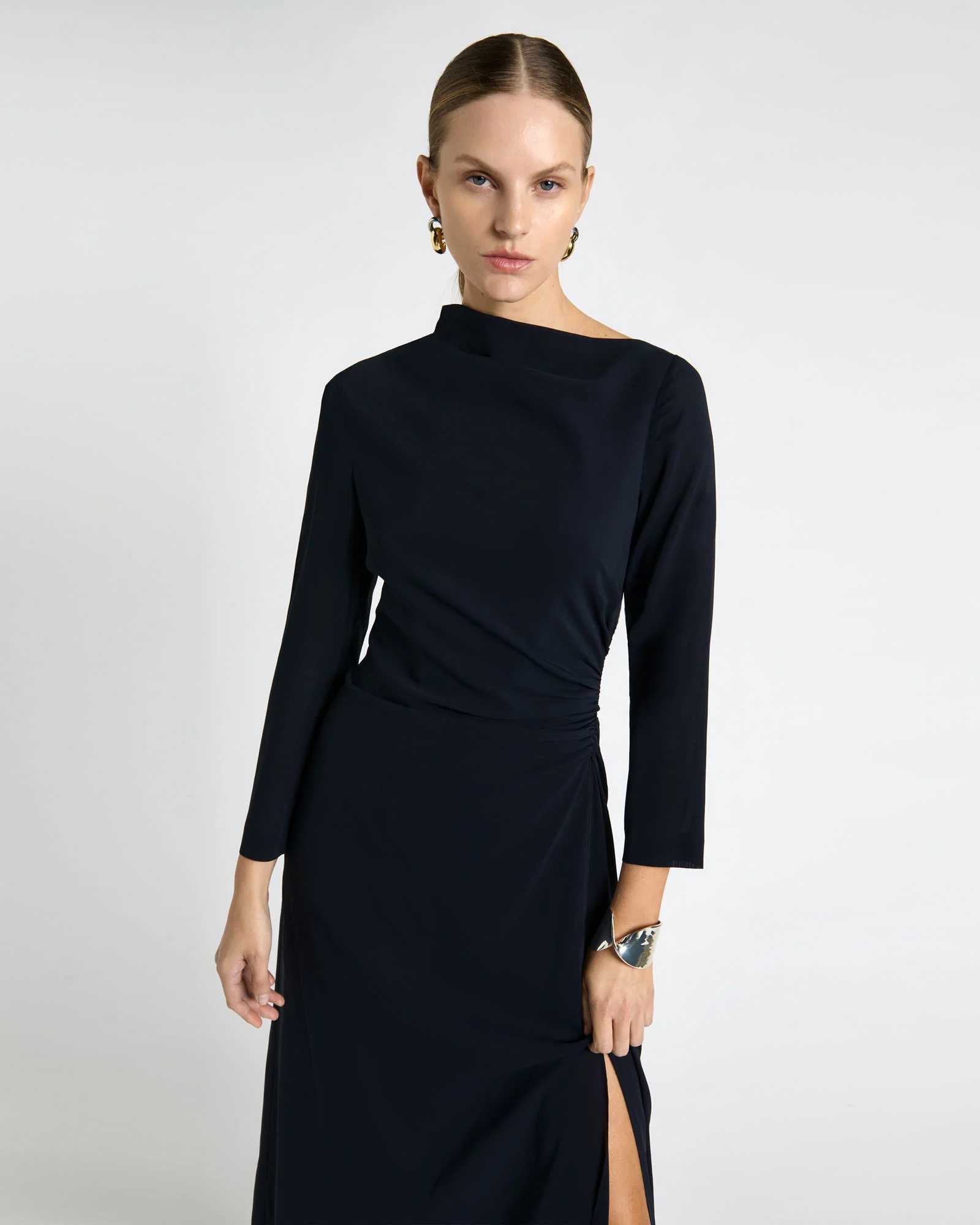 Ink Soft Viscose Draped Long Sleeve Dress