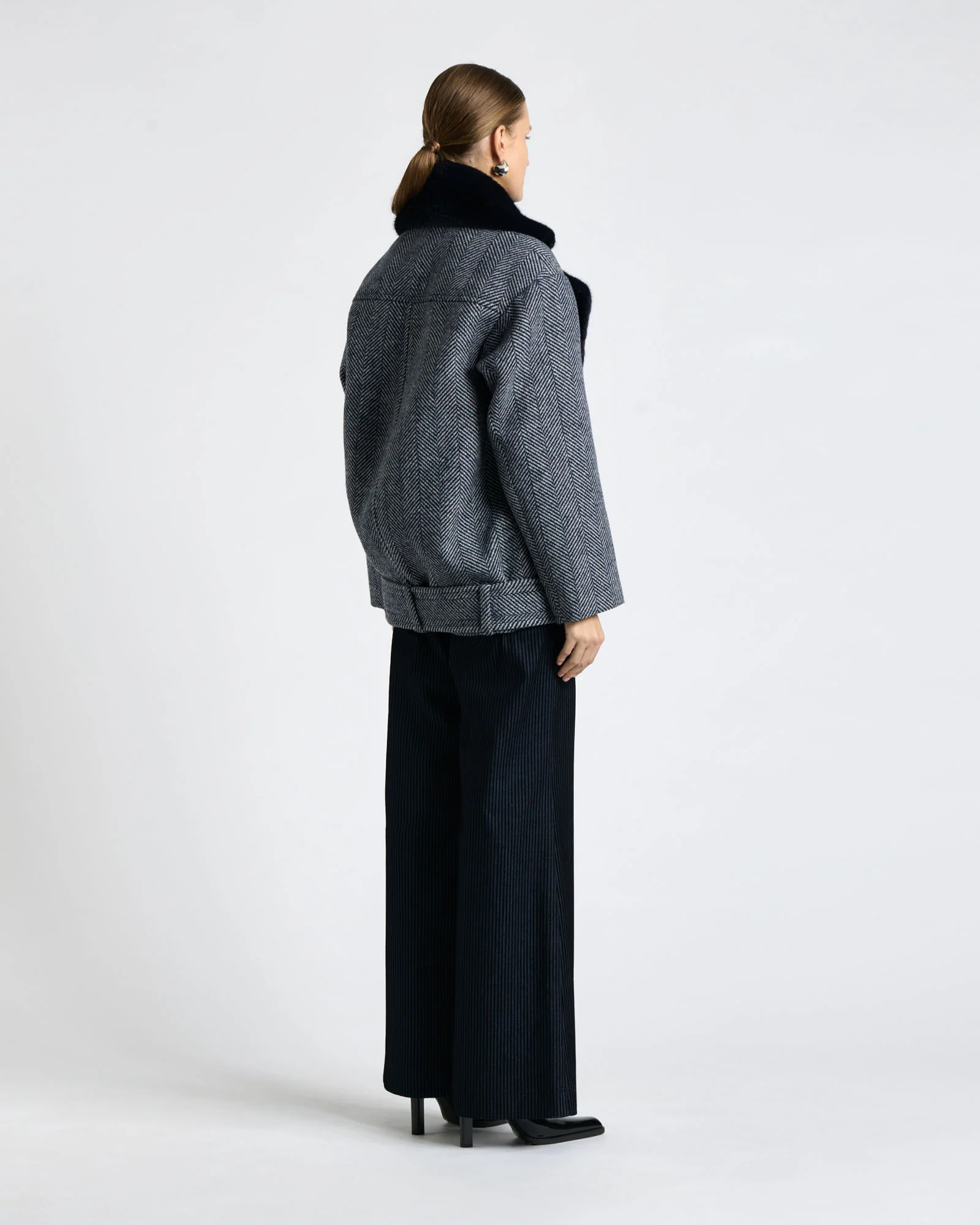 Wool Herringbone Coat With Faux Fur Collar