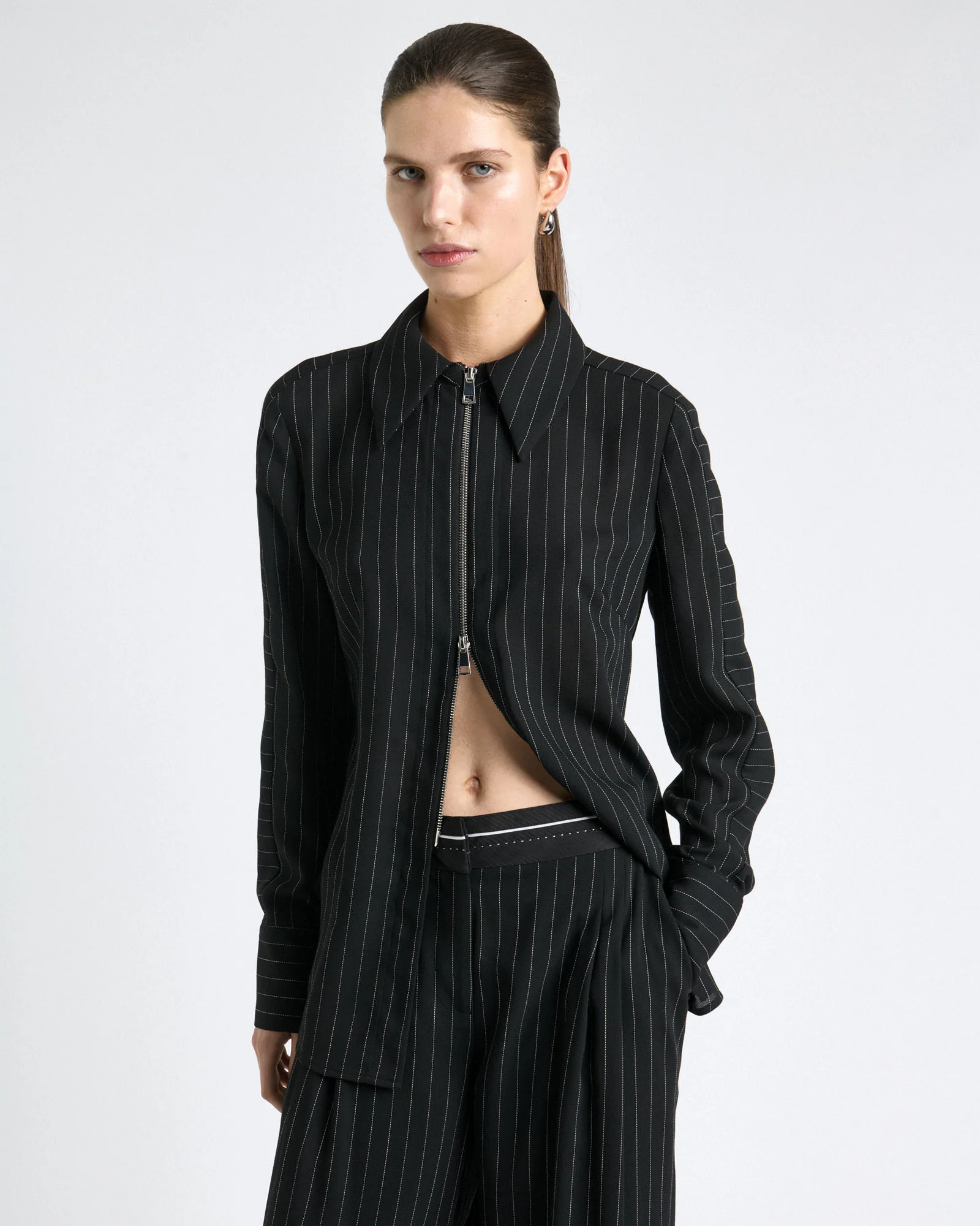 Sheer Stripe Zip Front Shirt
