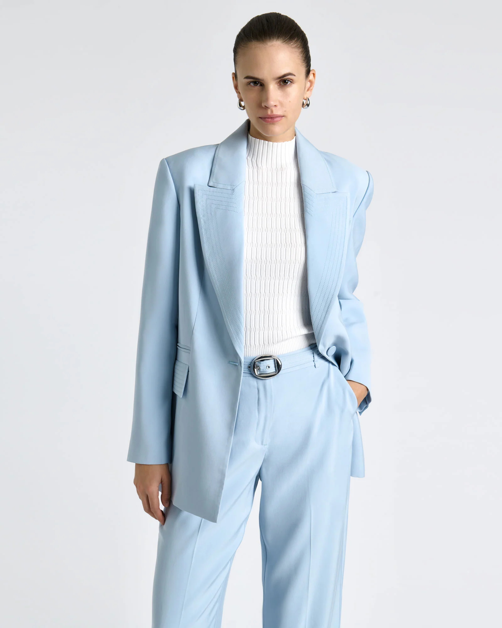 Pale Blue Viscose Twill Topstitched Blazer