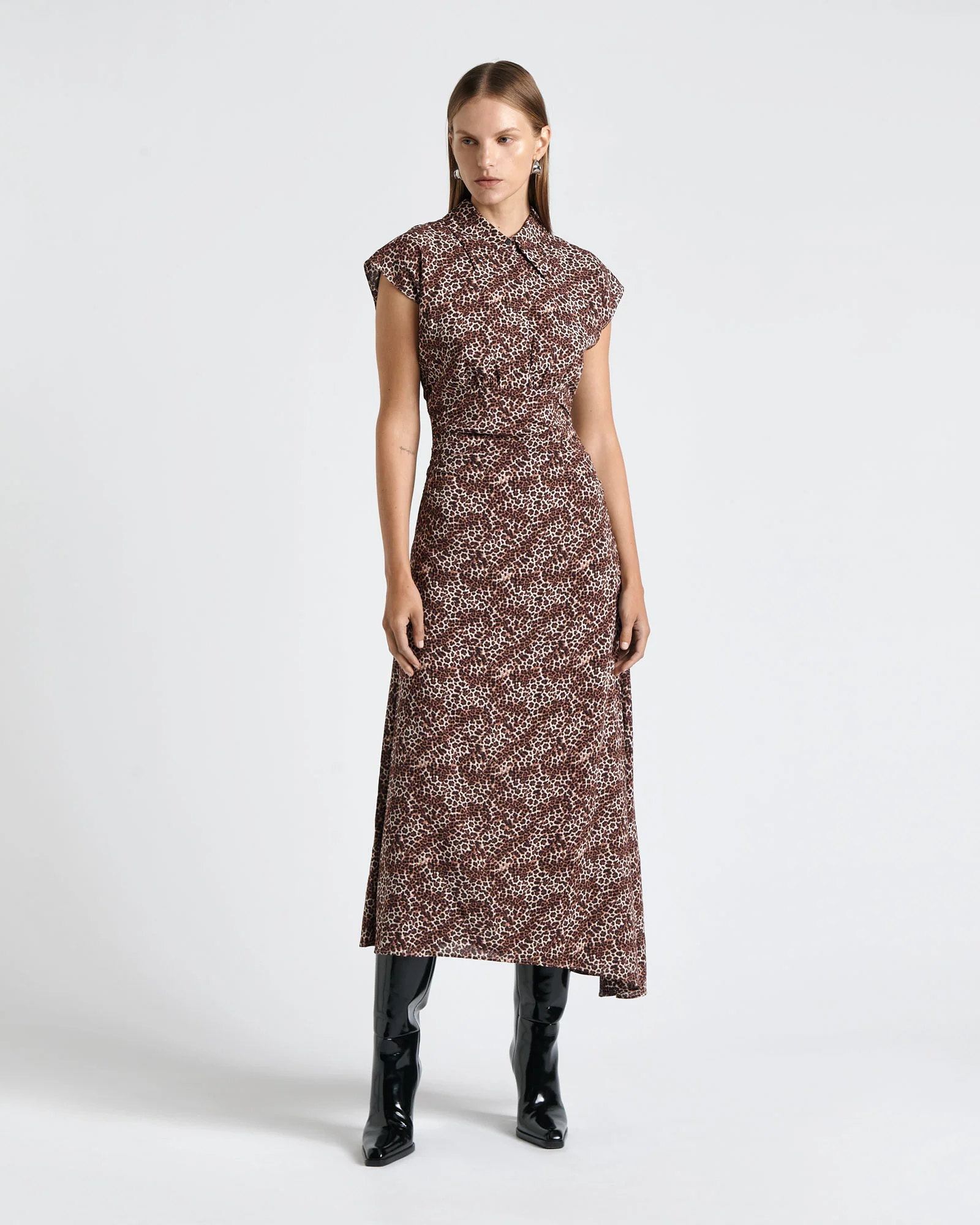 Leopard Viscose Collared Midi Dress