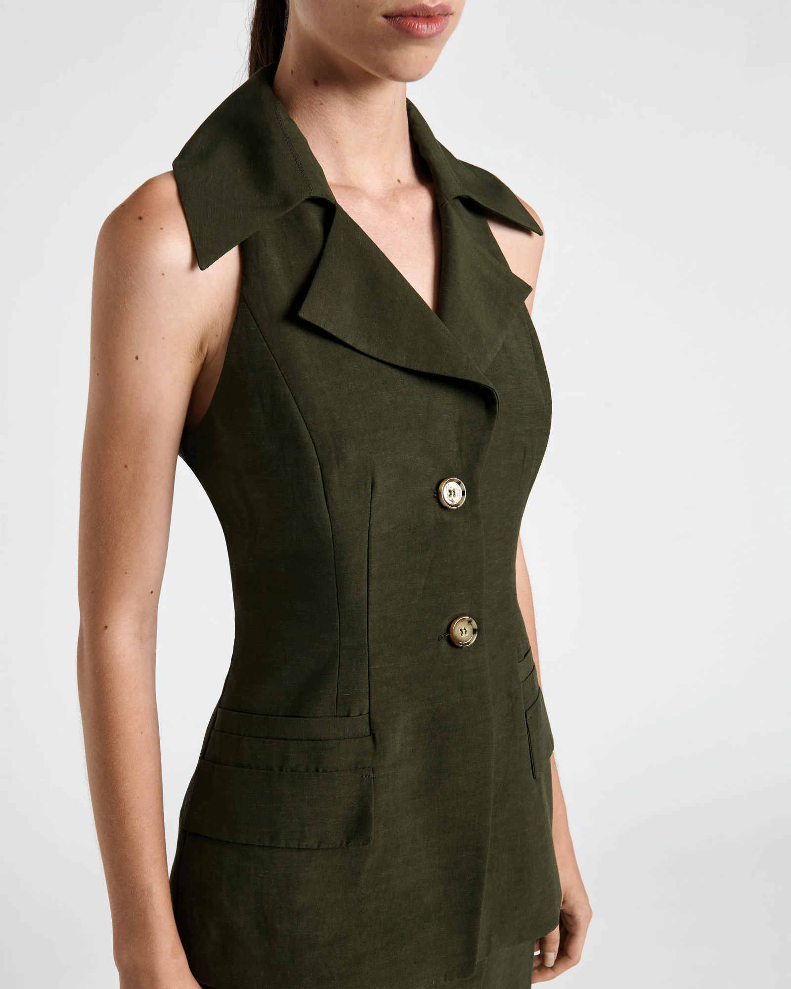 Dark Olive Viscose Blend Collared Vest