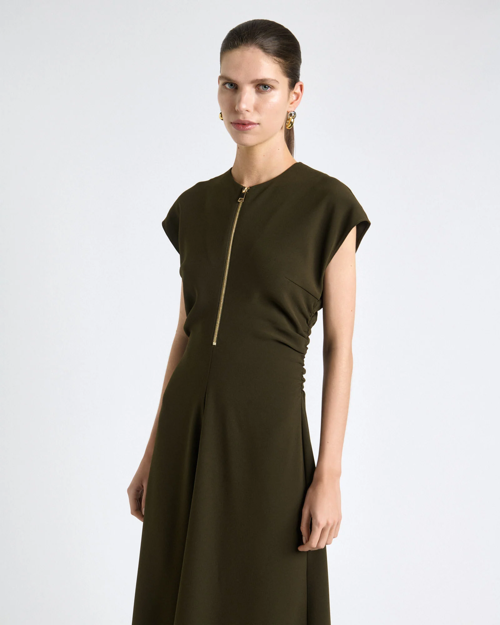 Olive Recycled Crepe Zip Front Midi Dress