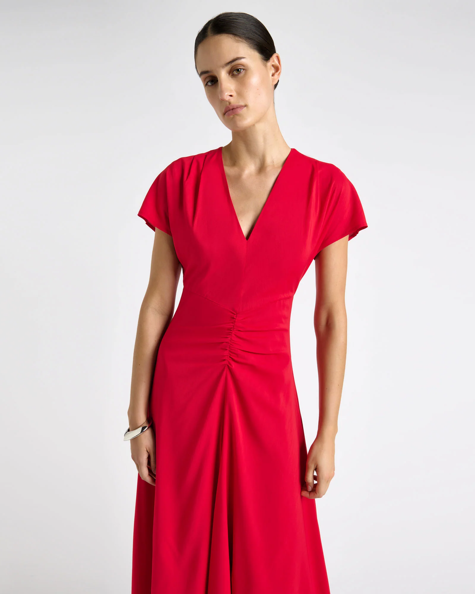 Raspberry Stretch Viscose Gathered Front Midi Dress