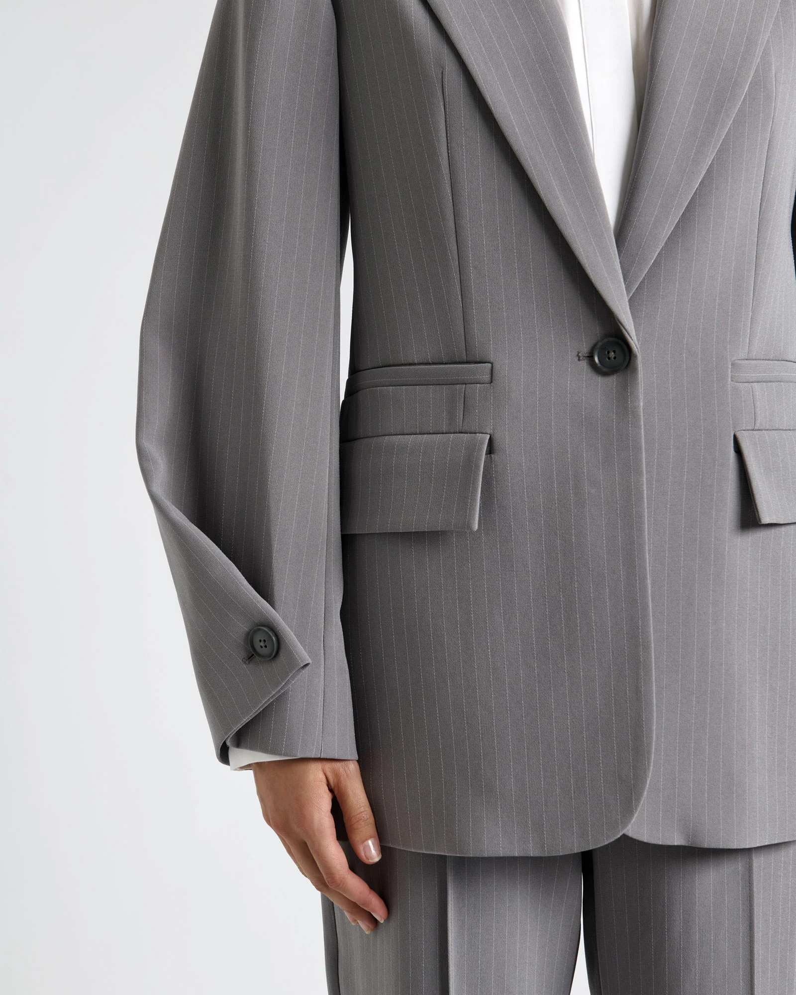 Oyster Acetate Pinstripe Button Sleeve Blazer