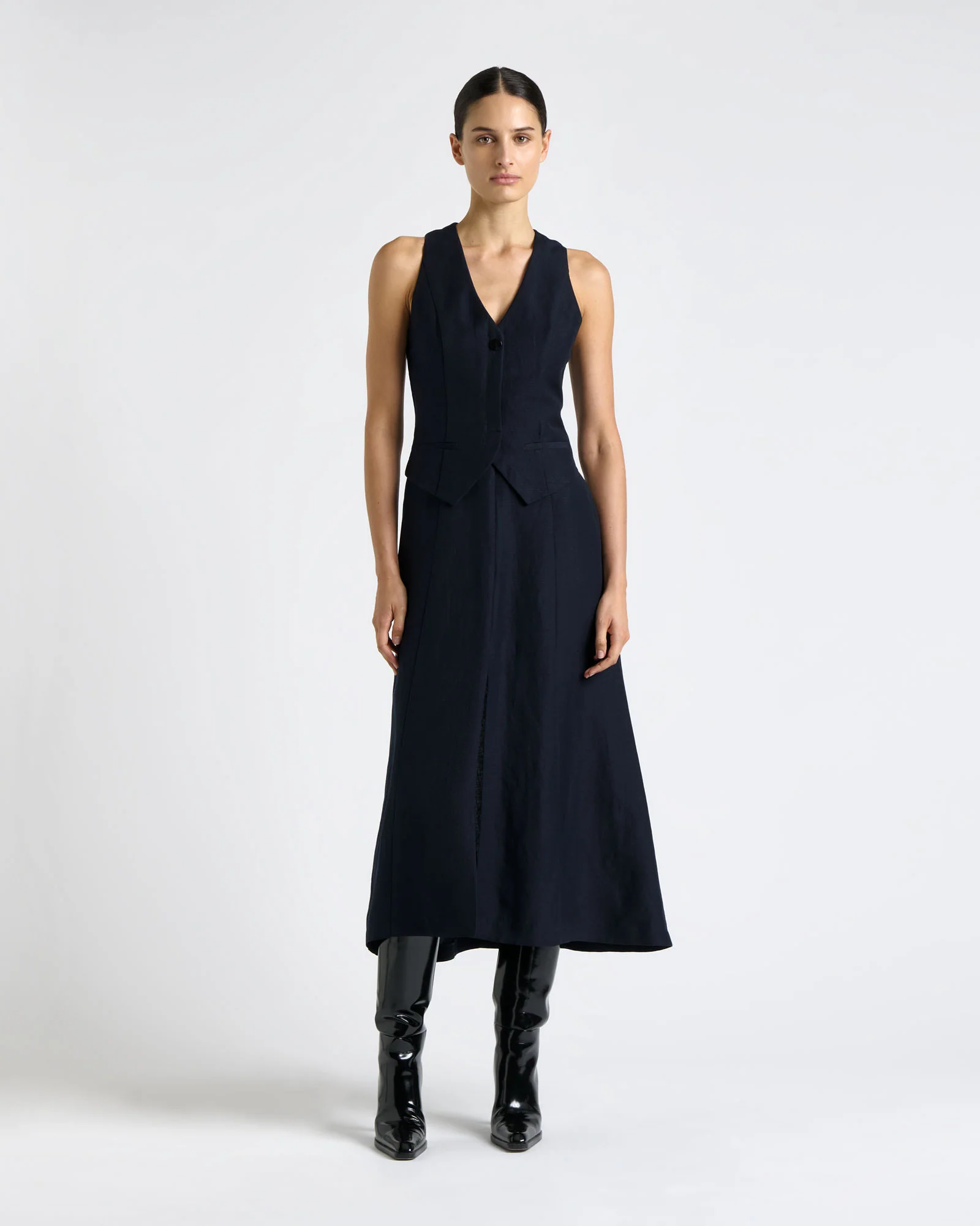 Linen Rayon Waistcoat Midi Dress