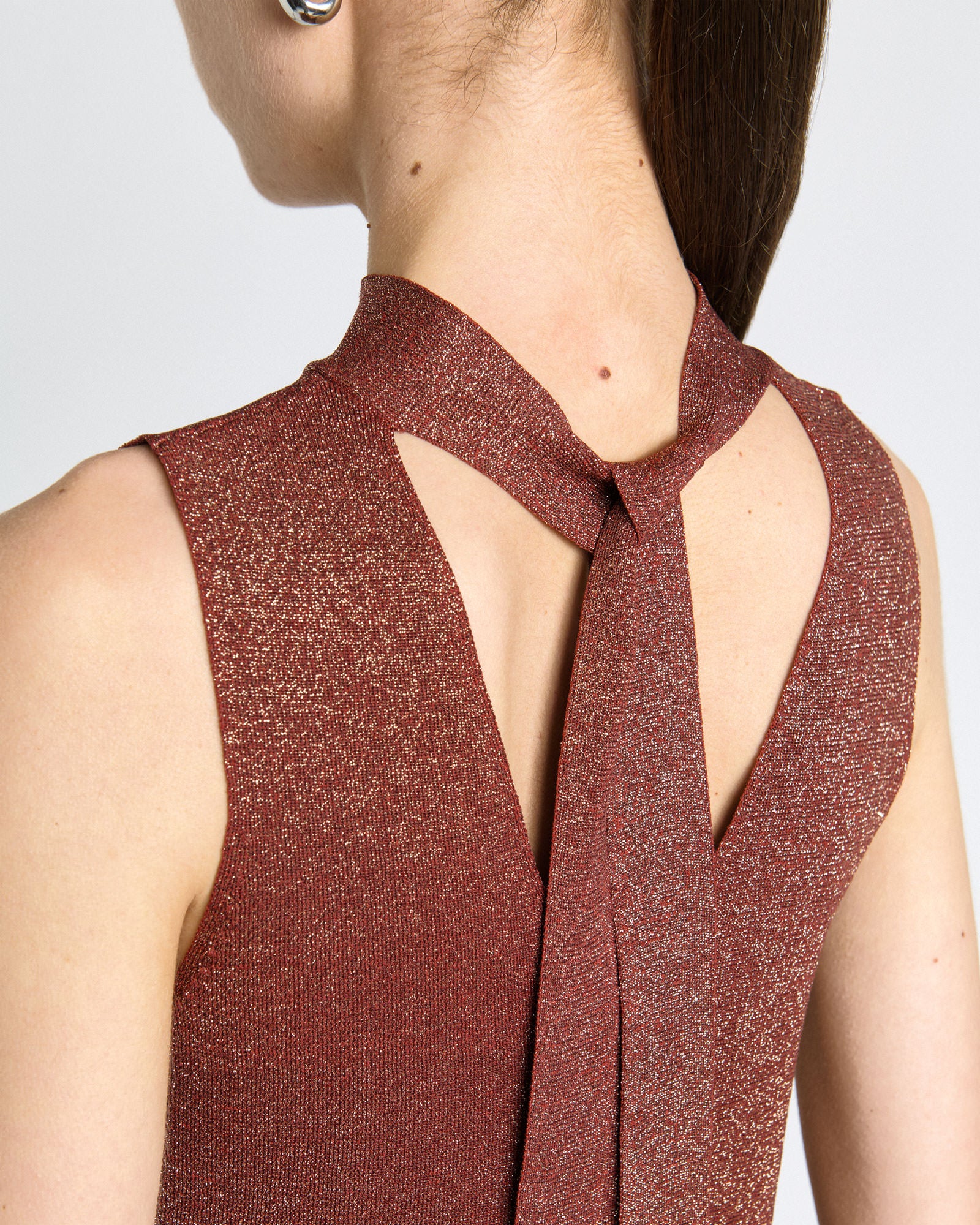 Rust Lurex Tie Neck Knit Top